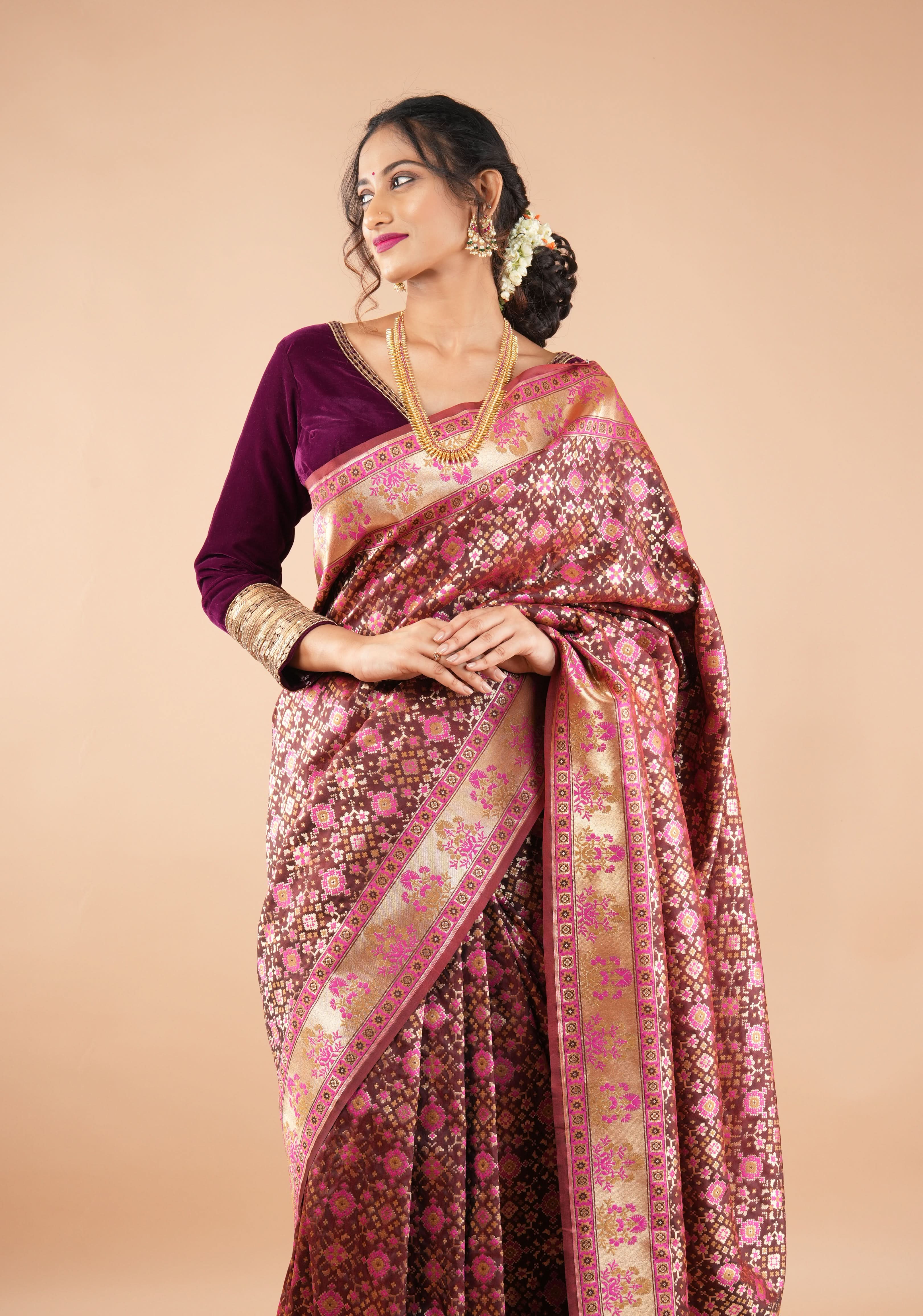 Burgundy Velvet Blouse with 3/4 sleeves and Matt Antique Sequins detailing | Shobitam