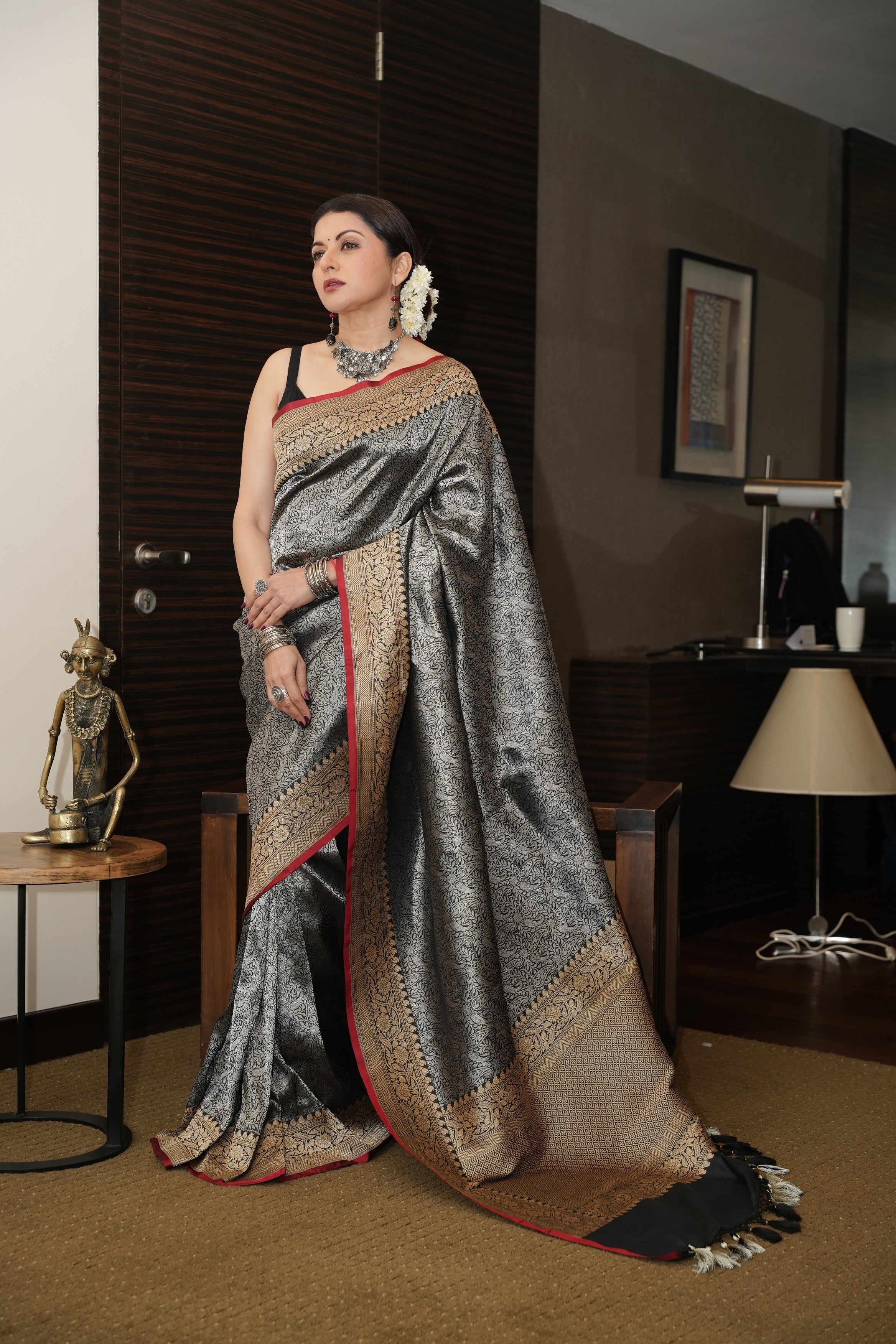 Unique Black Vasket weave on Banarasi Katan Silk Saree with Silver Paisley Zari Brocade and Zari Border | SILK MARK CERTIFIED | SHOBITAM