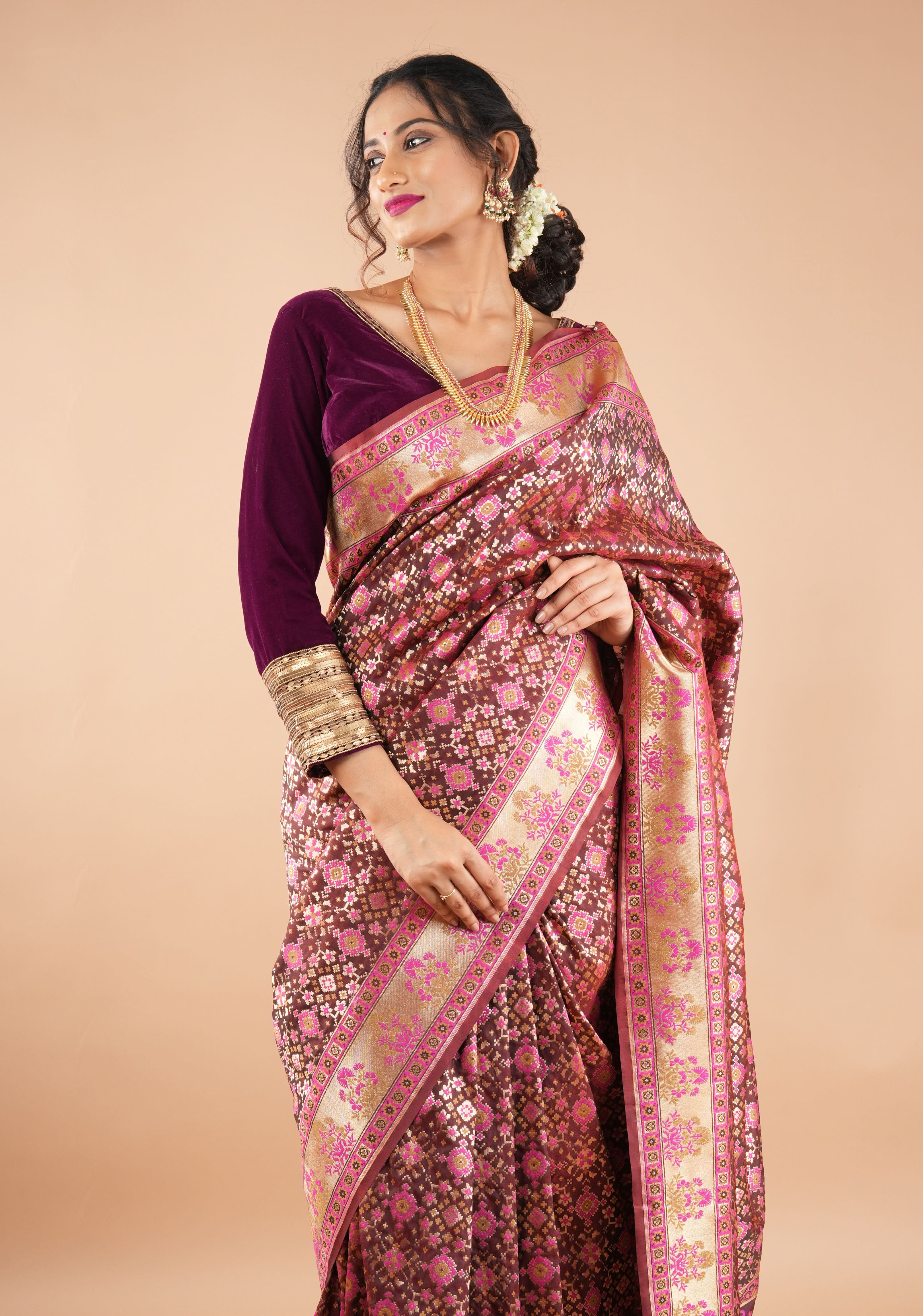 Exquisite Brown Semi Silk Saree with Patola Ikkat Meenakari Zari Border and Pallu | Shobitam
