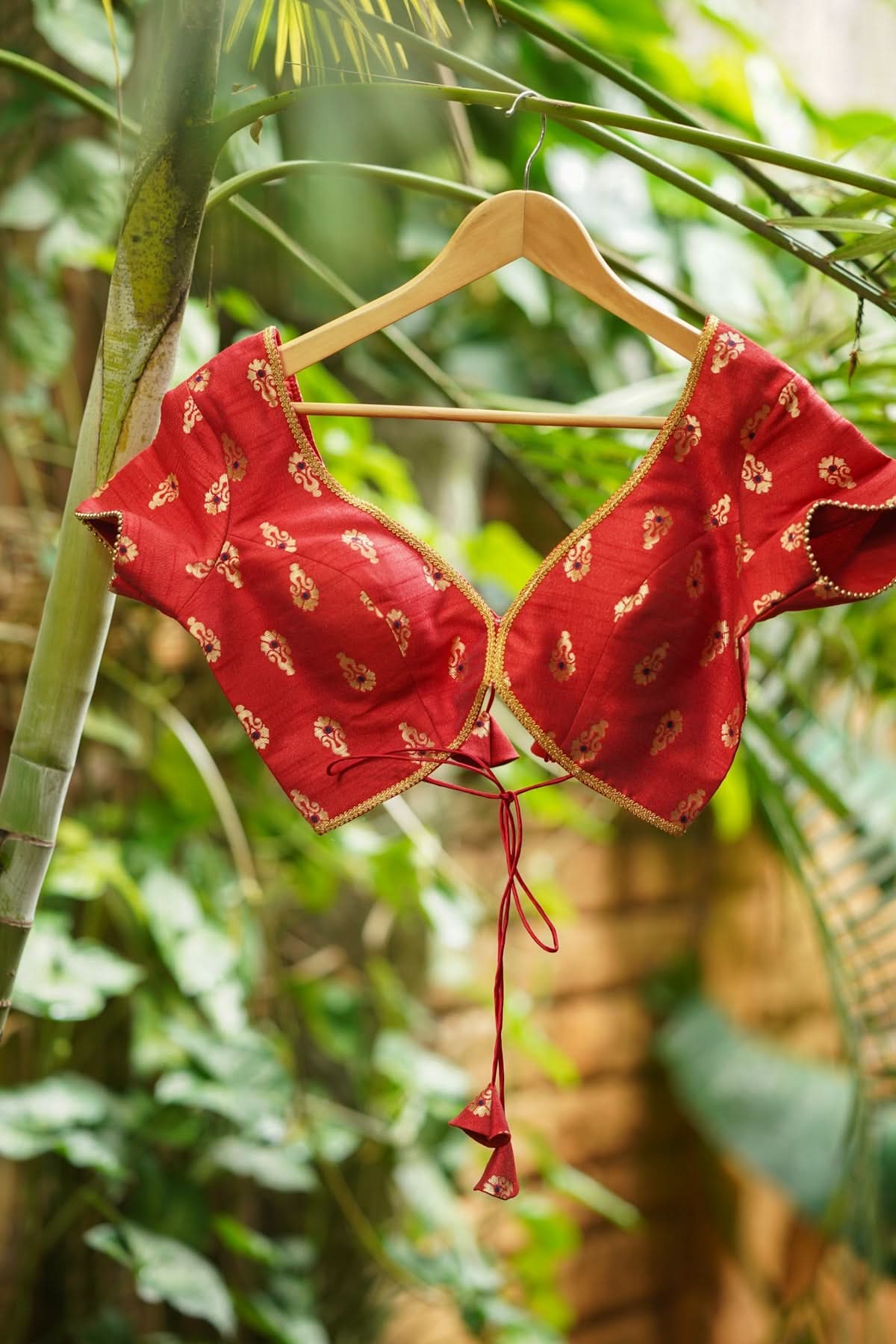 Deep V Neck Tie Back Blouse in Red with Gold Motifs! | Shobitam