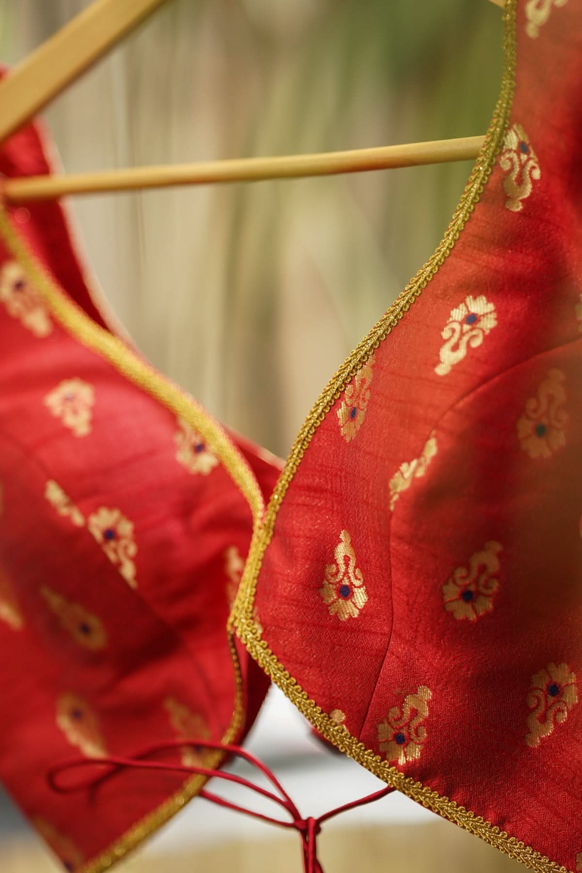 Deep V Neck Tie Back Blouse in Red with Gold Motifs! | Shobitam