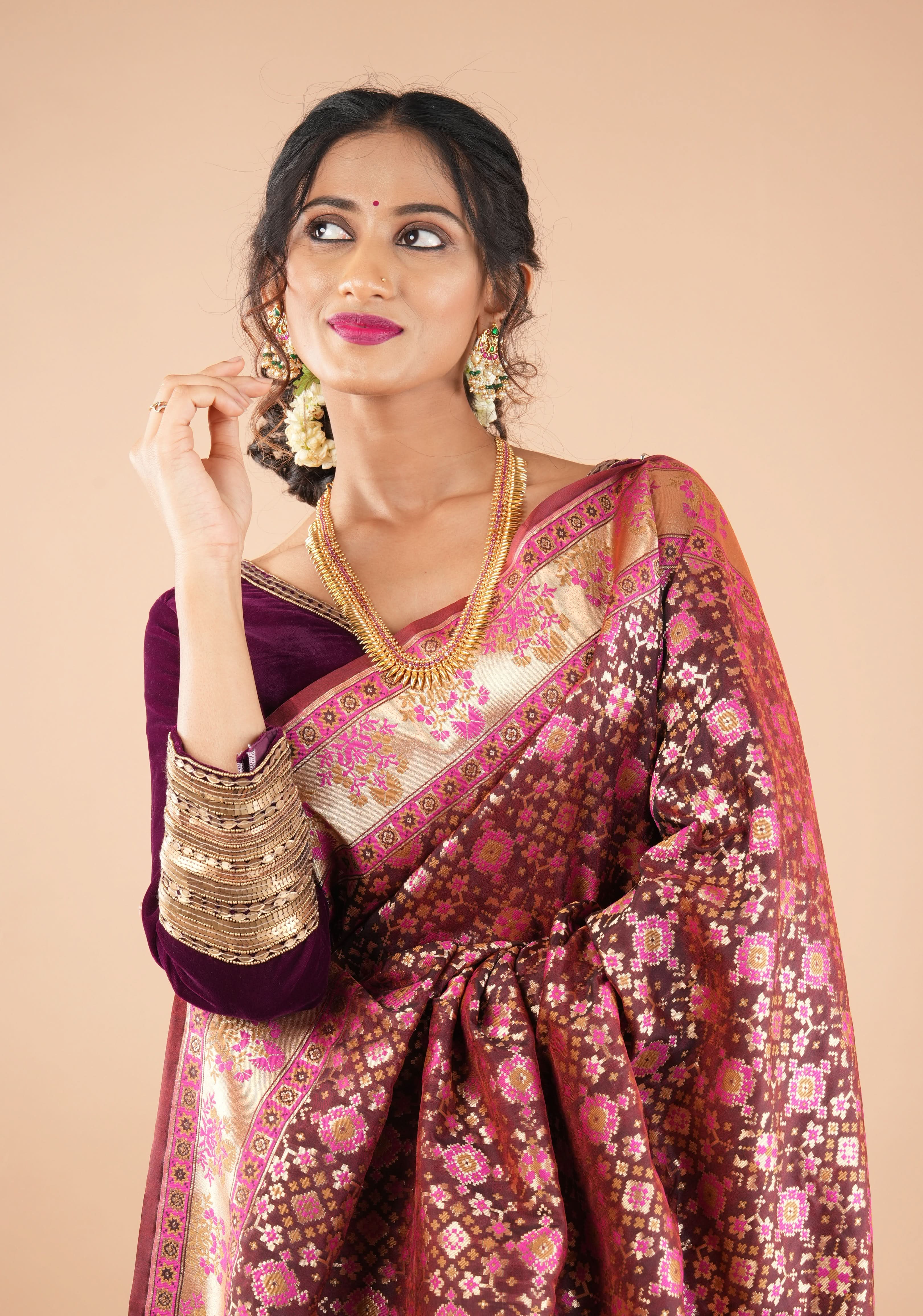 Exquisite Brown Semi Silk Saree with Patola Ikkat Meenakari Zari Border and Pallu | Shobitam