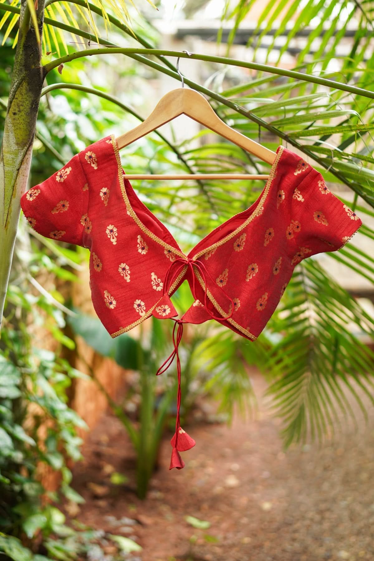 Deep V Neck Tie Back Blouse in Red with Gold Motifs! | Shobitam