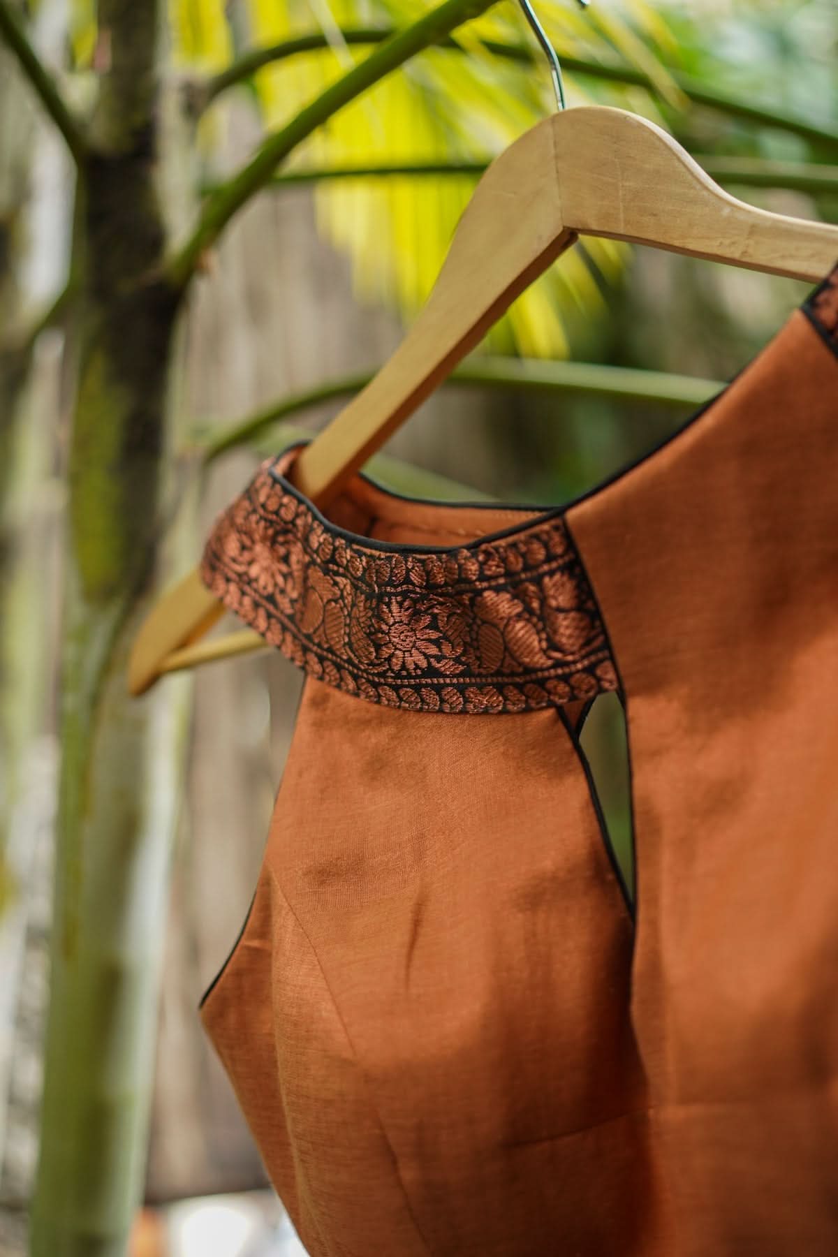Copper shimmer boatneck blouse with border detailing, Made to Order | Shobitam
