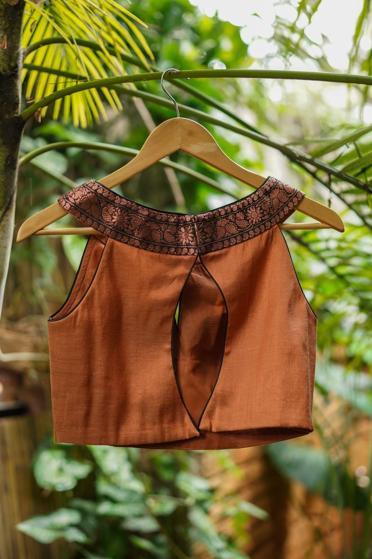 Copper shimmer boatneck blouse with border detailing, Made to Order | Shobitam