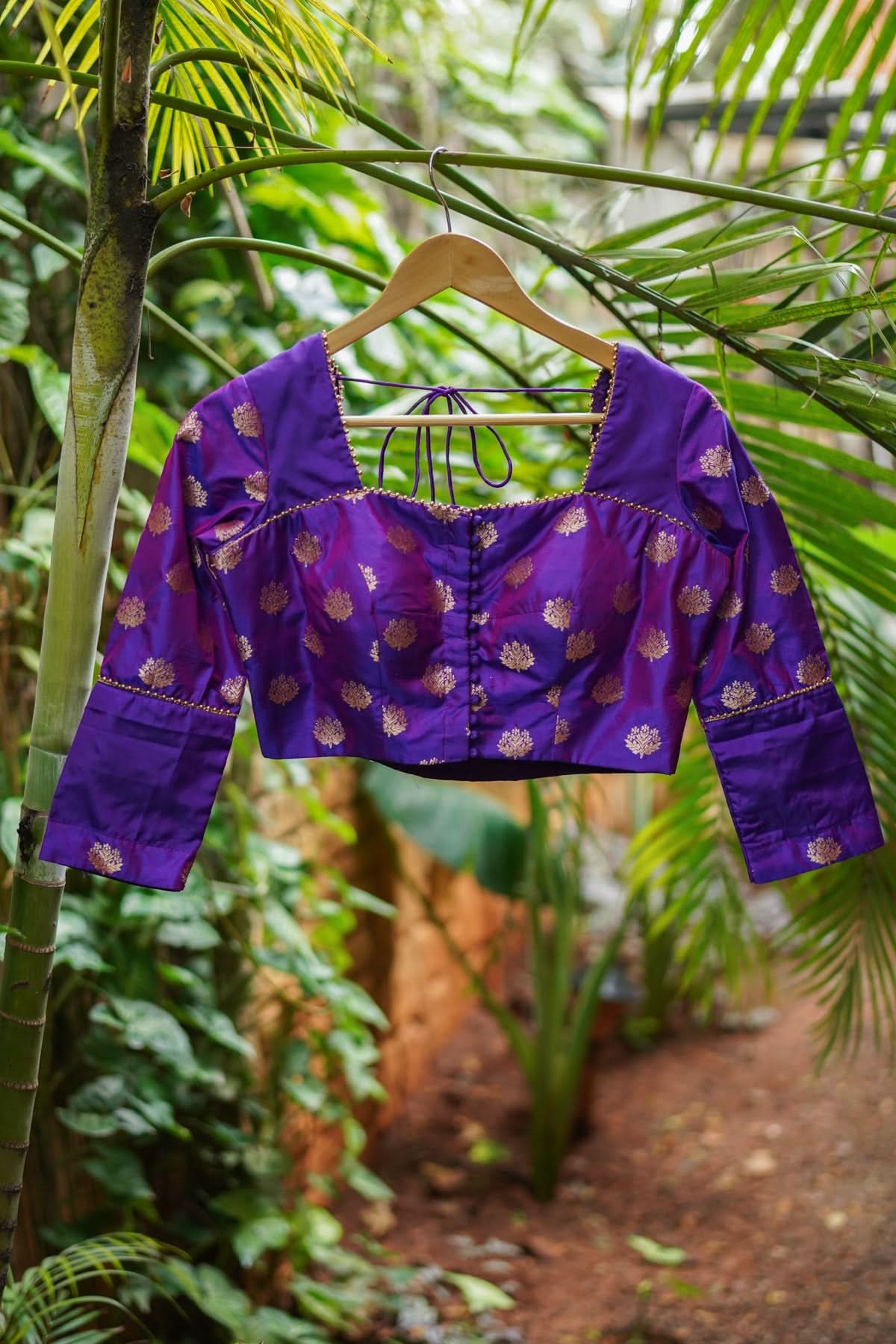 Violet pure silk two fabric square neck blouse, Made to Order | Shobitam