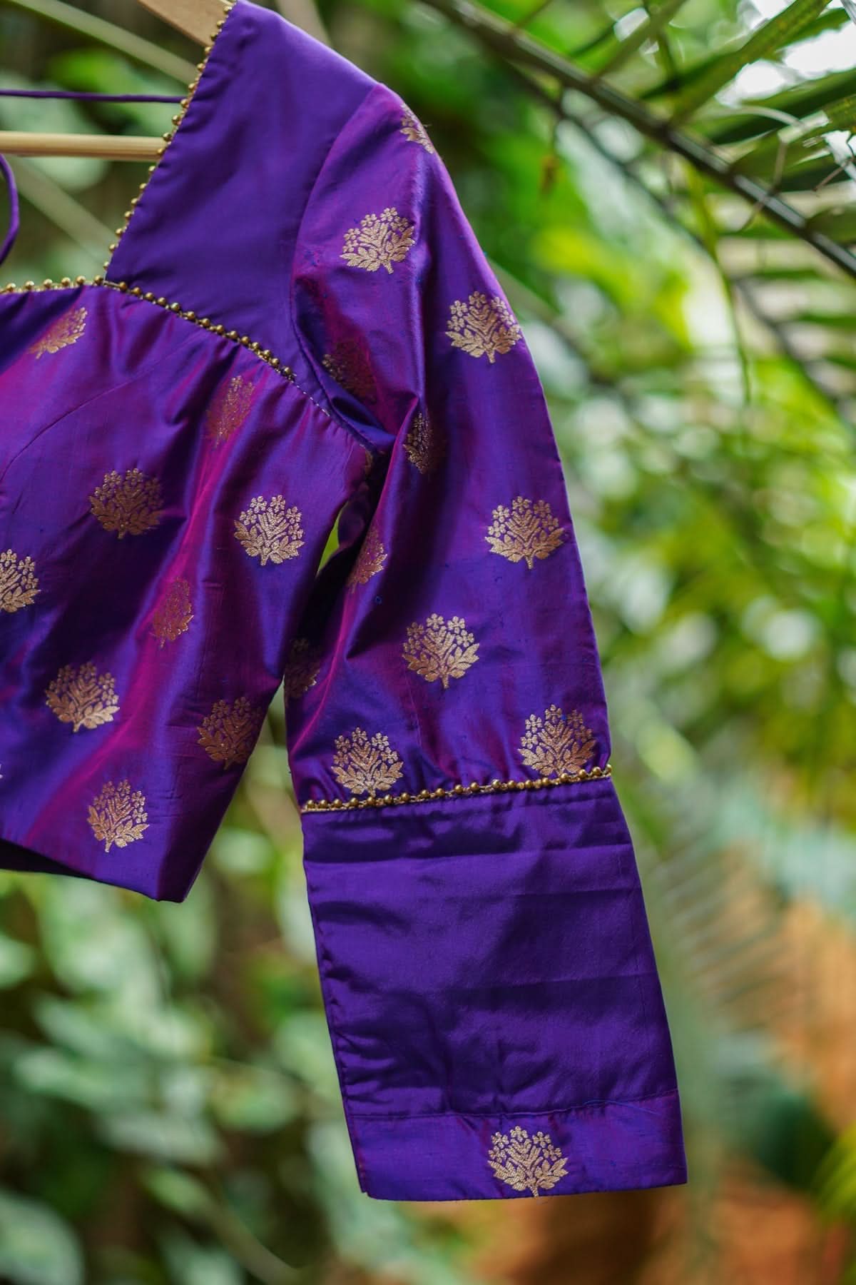 Violet pure silk two fabric square neck blouse, Made to Order | Shobitam