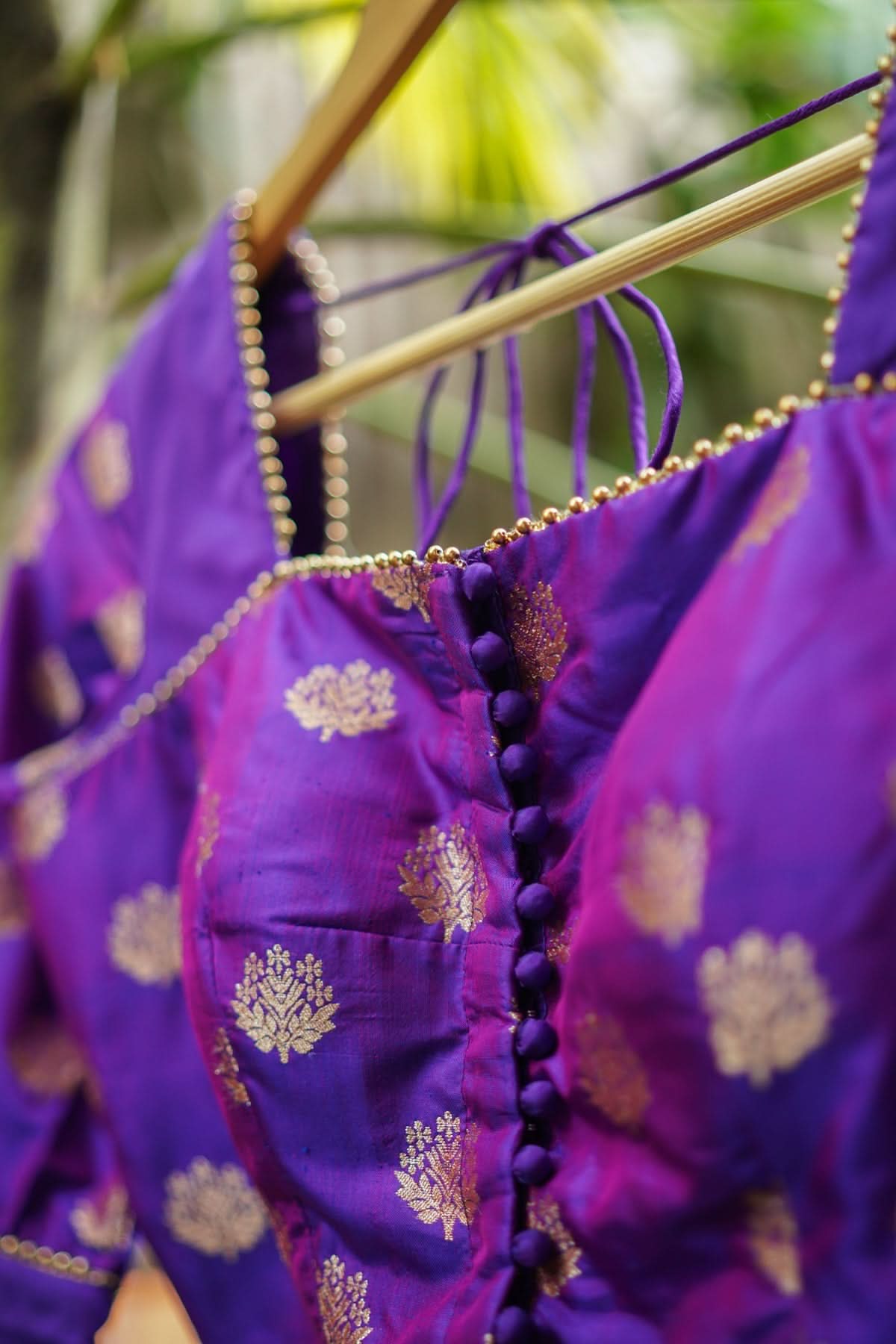 Violet pure silk two fabric square neck blouse, Made to Order | Shobitam