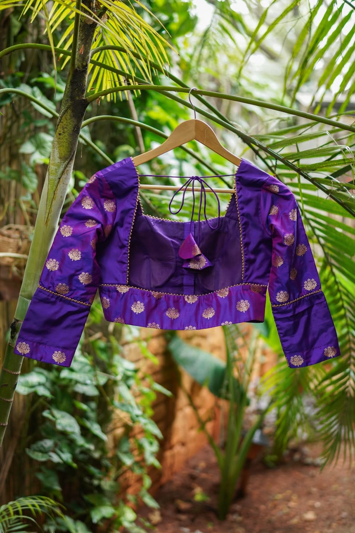 Violet pure silk two fabric square neck blouse, Made to Order | Shobitam