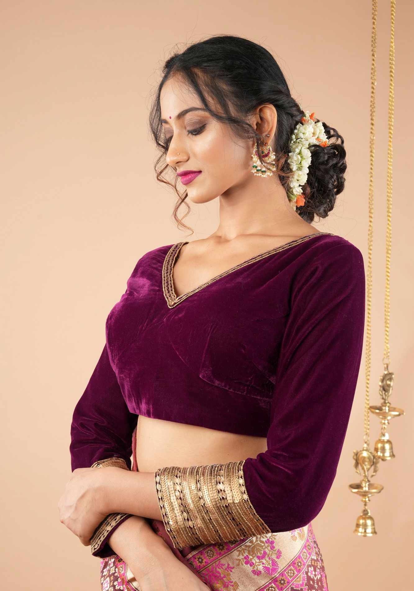 Burgundy Velvet Blouse with 3/4 sleeves and Matt Antique Sequins detailing