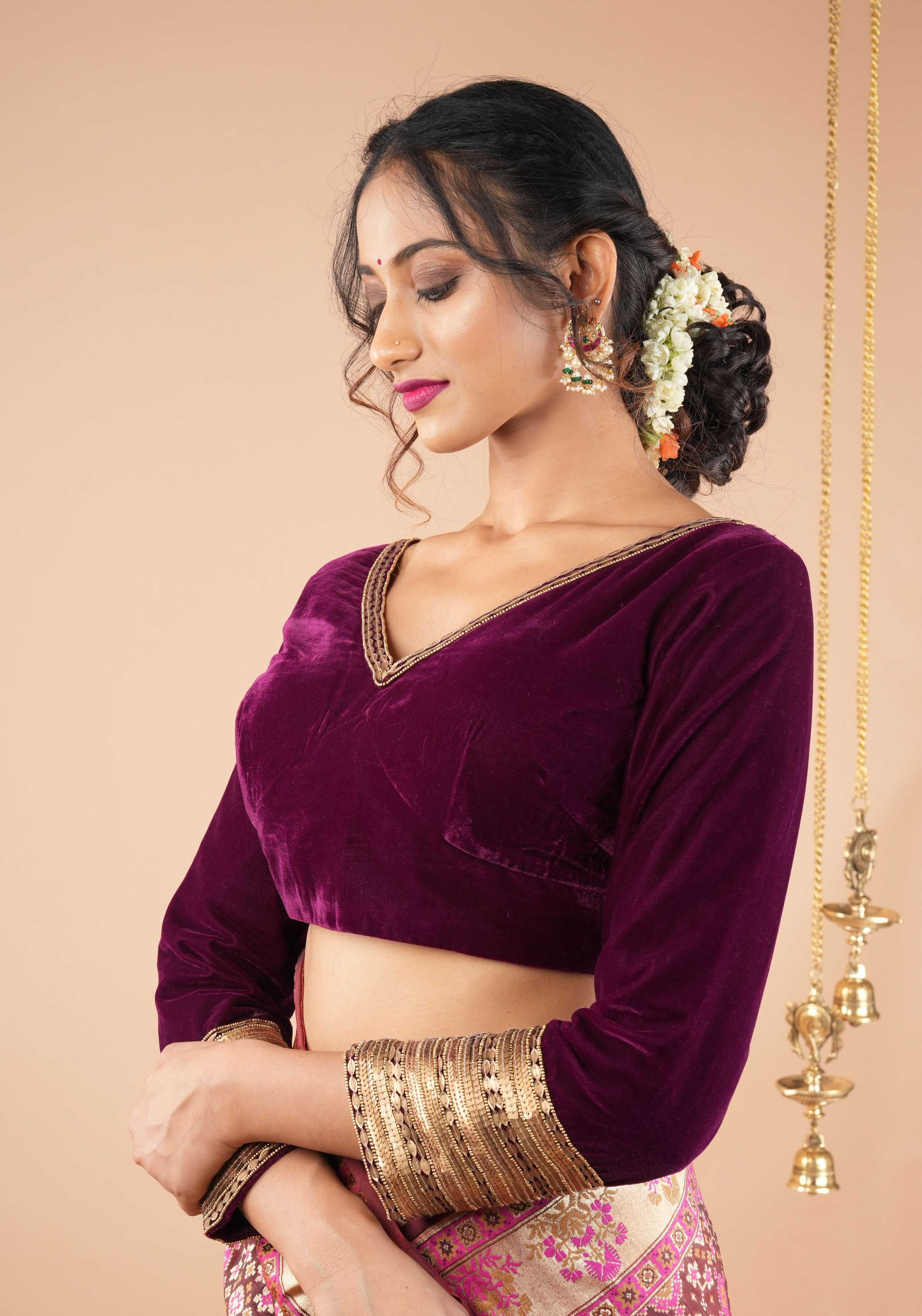 Burgundy Velvet Blouse with 3/4 sleeves and Matt Antique Sequins detailing | Shobitam