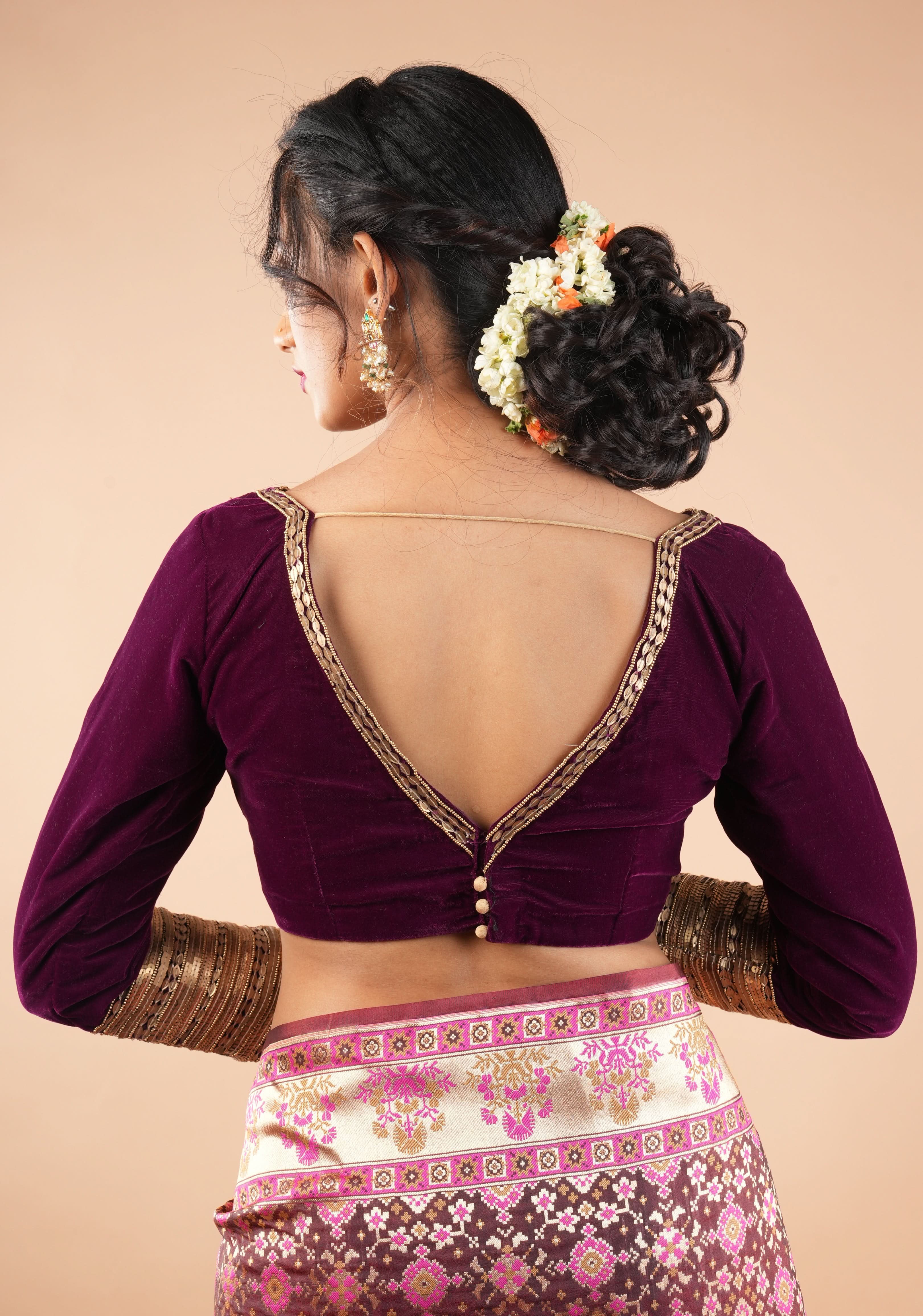 Burgundy Velvet Blouse with 3/4 sleeves and Matt Antique Sequins detailing | Shobitam