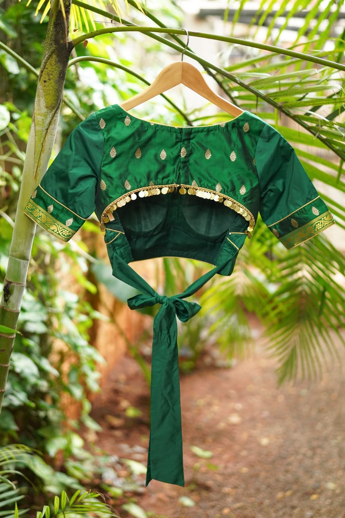 Forest green pure silk two fabric sweetheart neck blouse and coin trim in back , Made to order | Shobitam