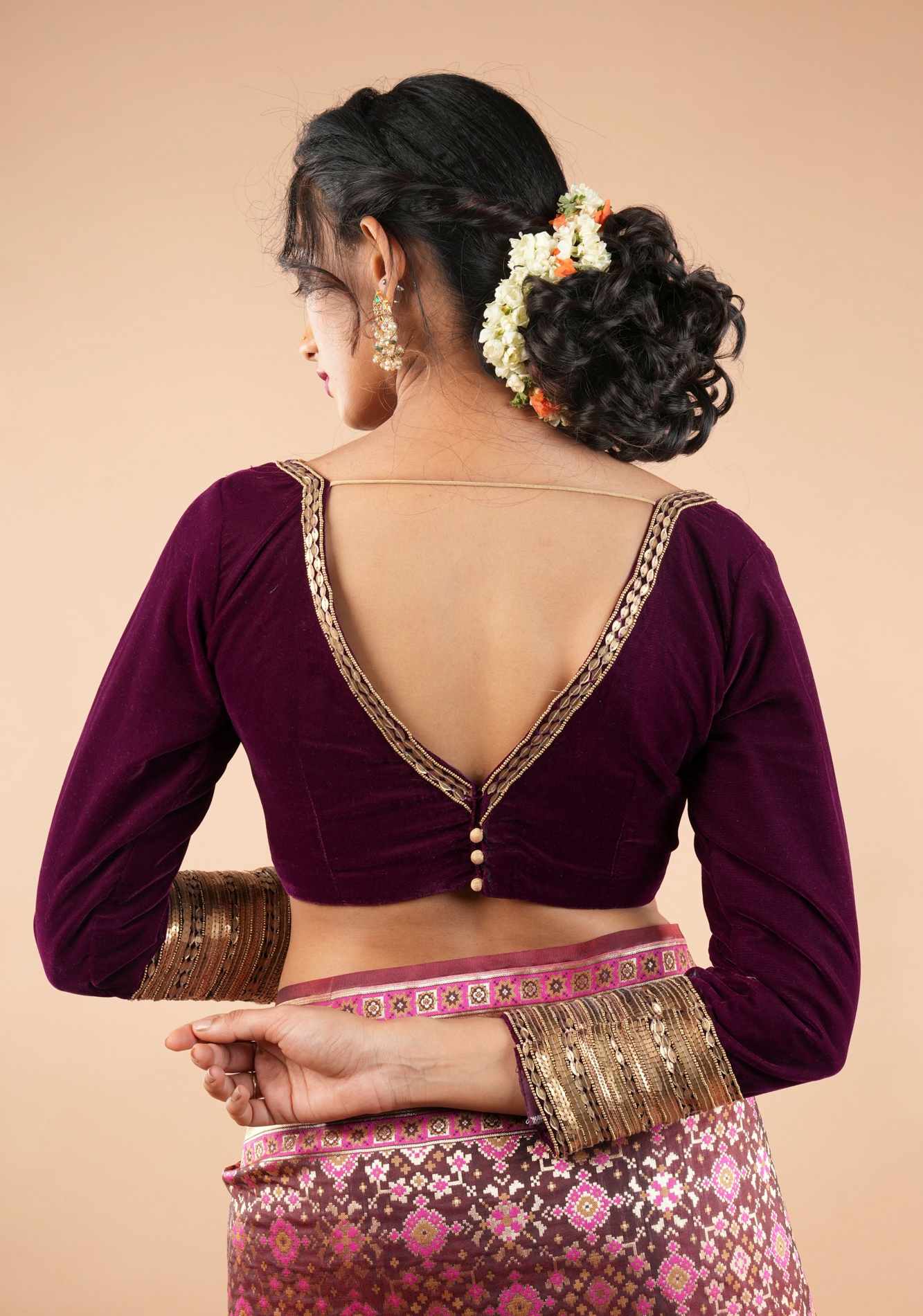 Burgundy Velvet Blouse with 3/4 sleeves and Matt Antique Sequins detailing