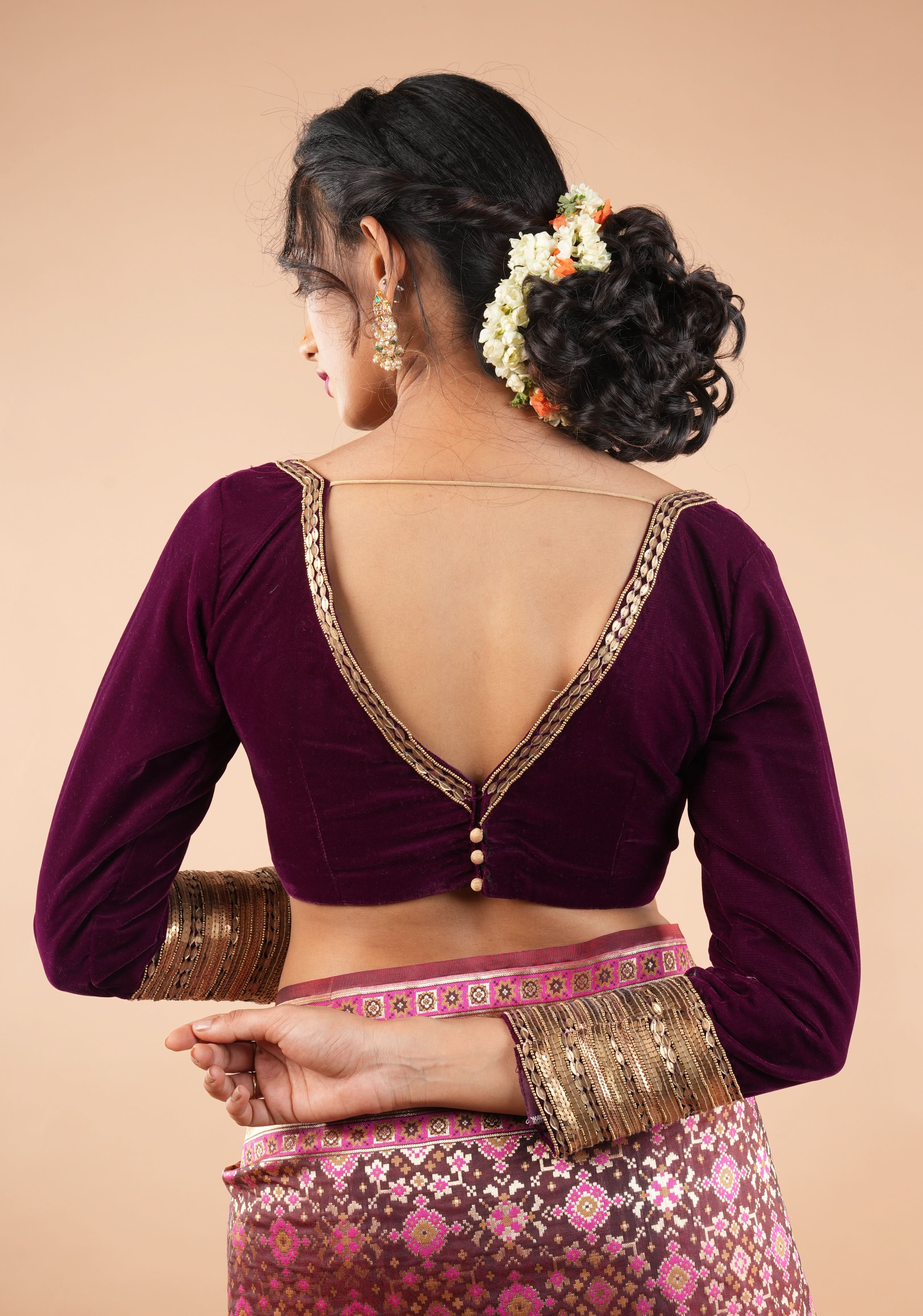 Burgundy Velvet Blouse with 3/4 sleeves and Matt Antique Sequins detailing | Shobitam