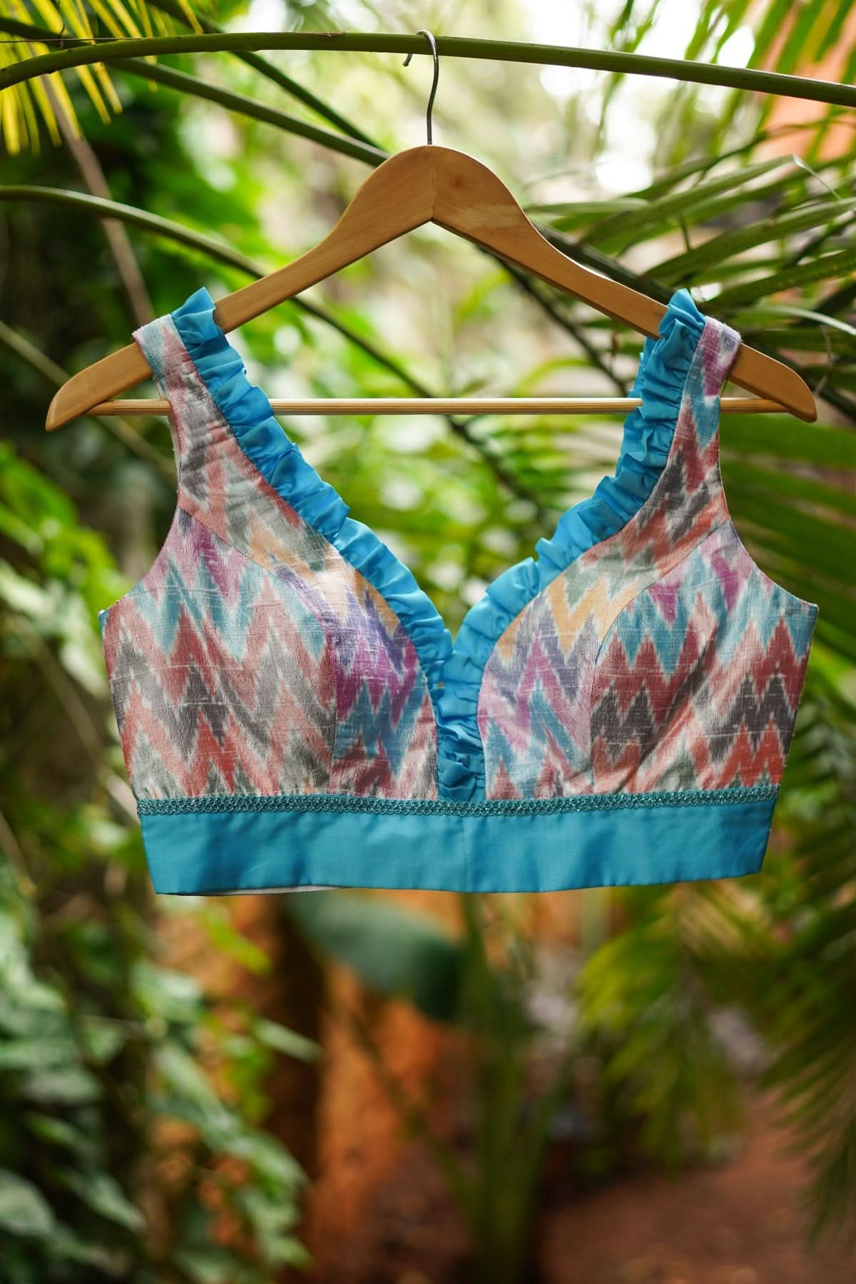 Pure Ikkat Raw Silk Blouse with Blue Frill Trim, Made to Order | Shobitam