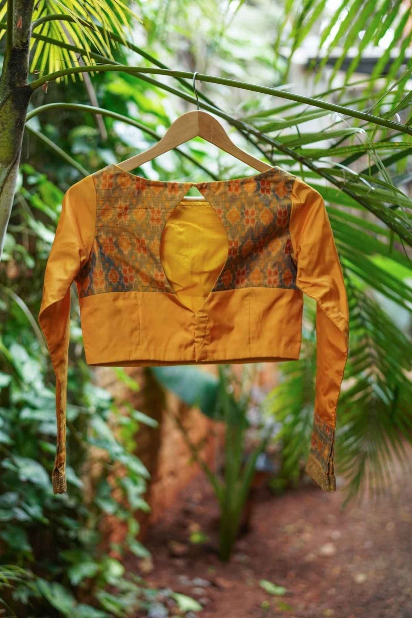 Mustard silk boatneck blouse with pure rawsilk ikkat yoke, made to order