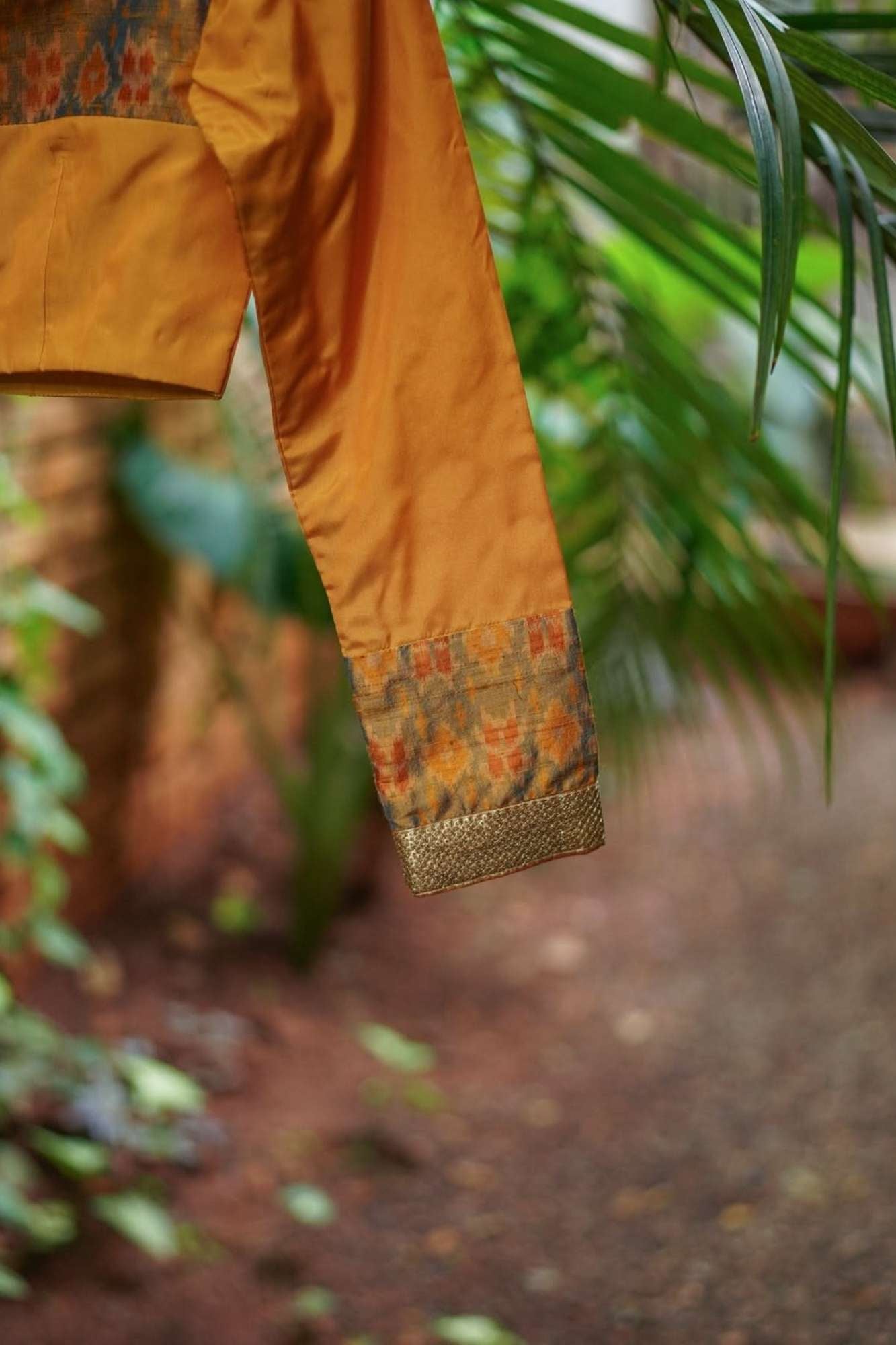 Mustard silk boatneck blouse with pure rawsilk ikkat yoke, made to order