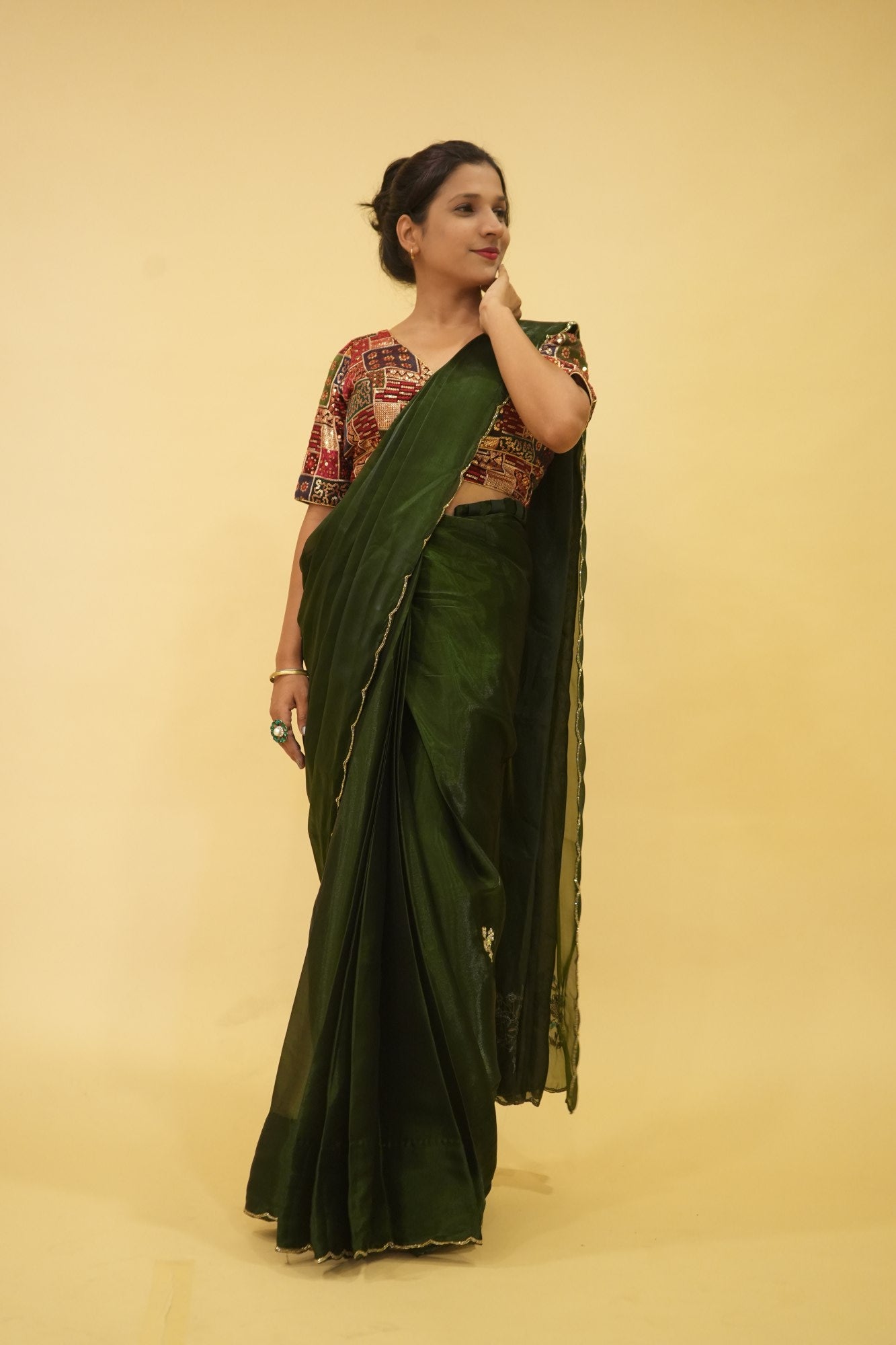 Ready to wear saree chiffon Silk With Intricate Hand Work Butti & Khatli Cutdana Border Wrap in 1 minute Saree