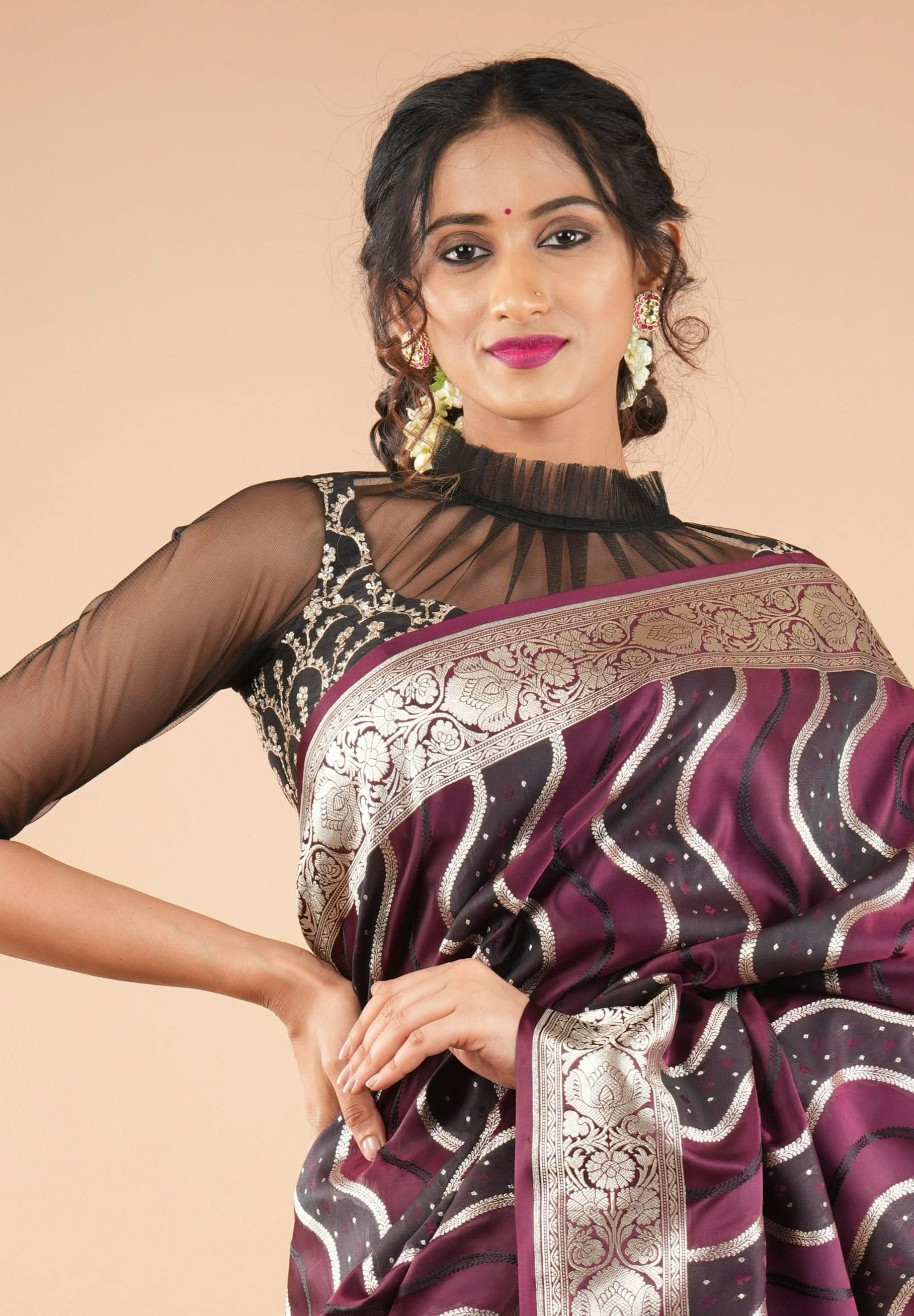 Black embroidered blouse with net gathered yoke and scalloped front base | Shobitam