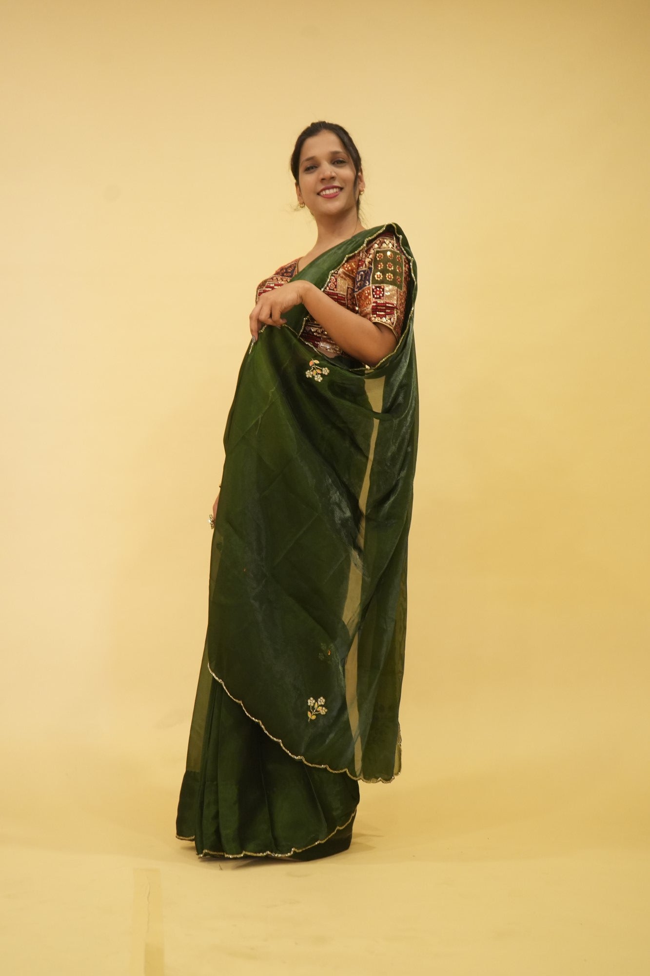 Ready to wear saree chiffon Silk With Intricate Hand Work Butti & Khatli Cutdana Border Wrap in 1 minute Saree
