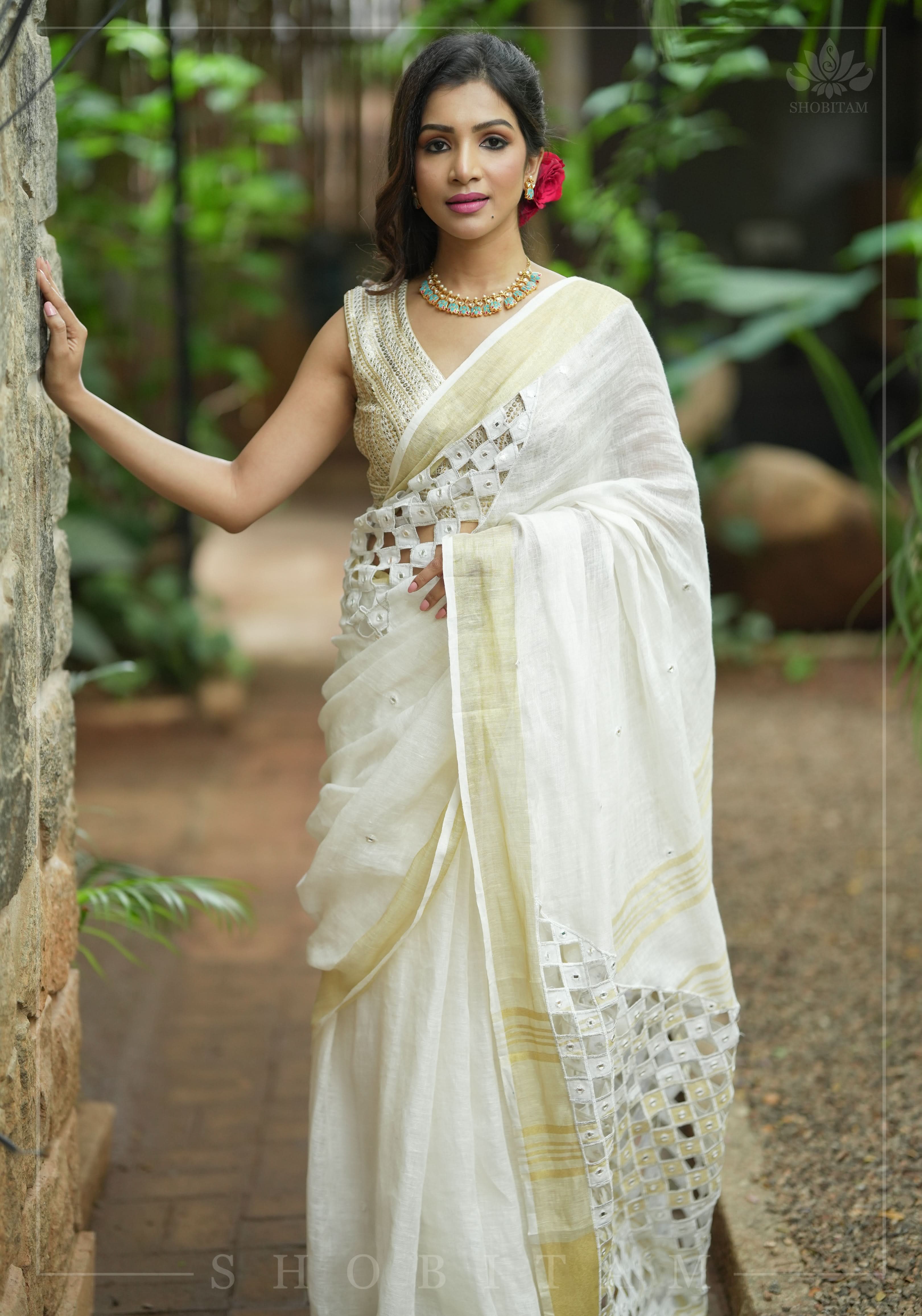 Cutwork and Mirror Work Linen by Line Saree in Chalk White | Shobitam