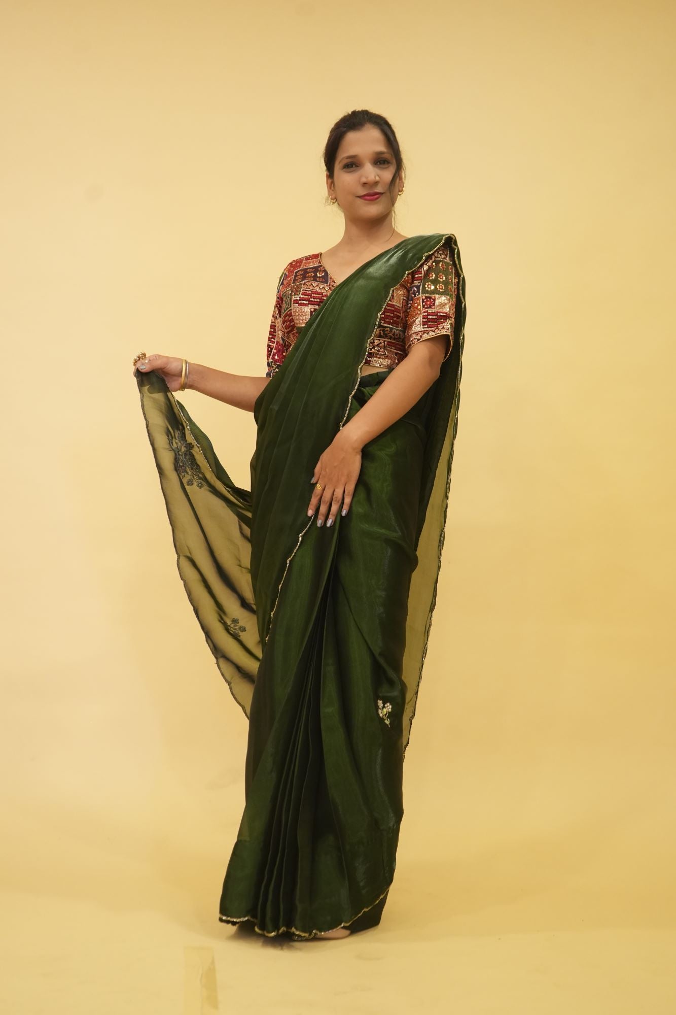 Ready to wear saree chiffon Silk With Intricate Hand Work Butti & Khatli Cutdana Border Wrap in 1 minute Saree