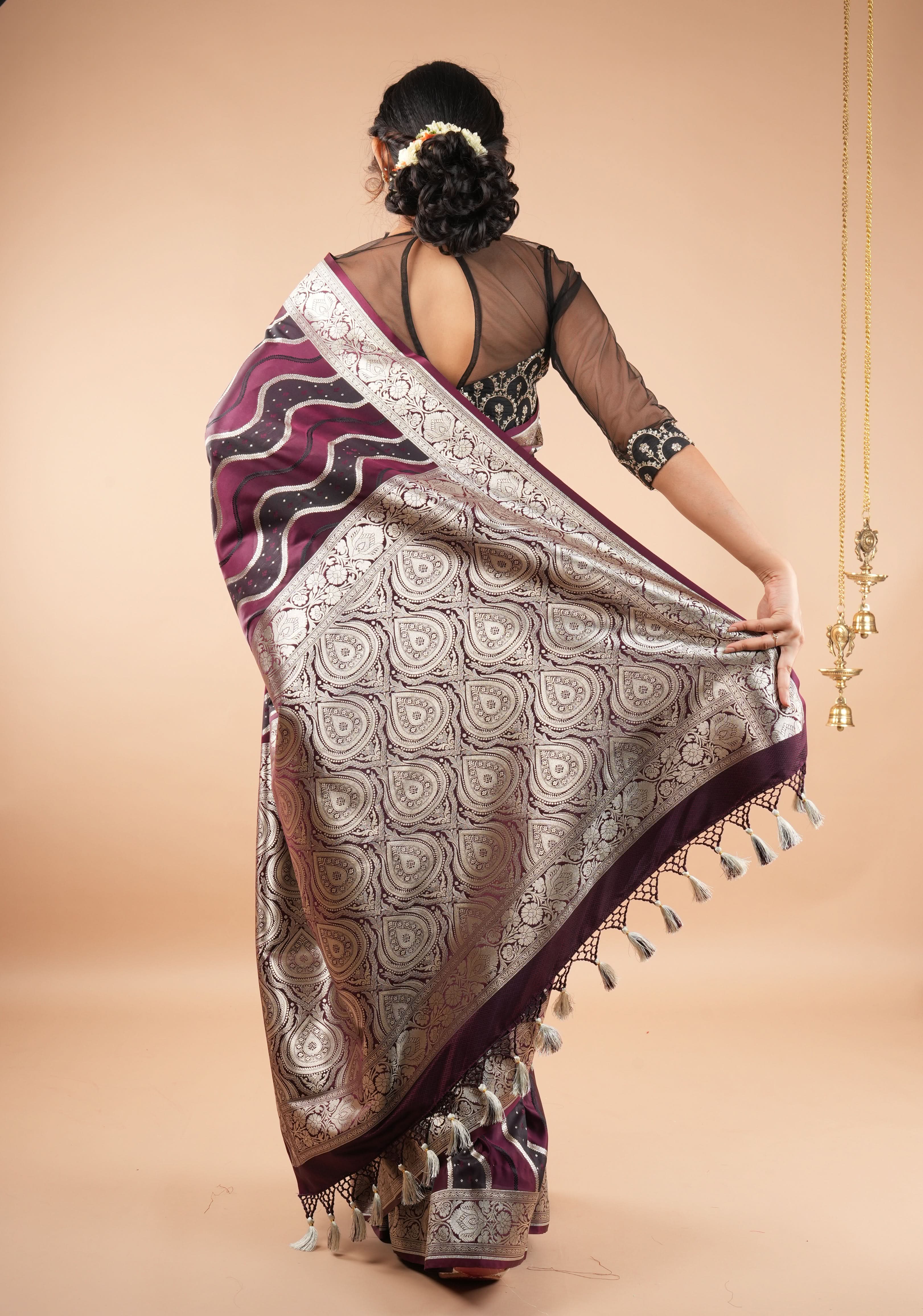 Black embroidered blouse with net gathered yoke and scalloped front base | Shobitam