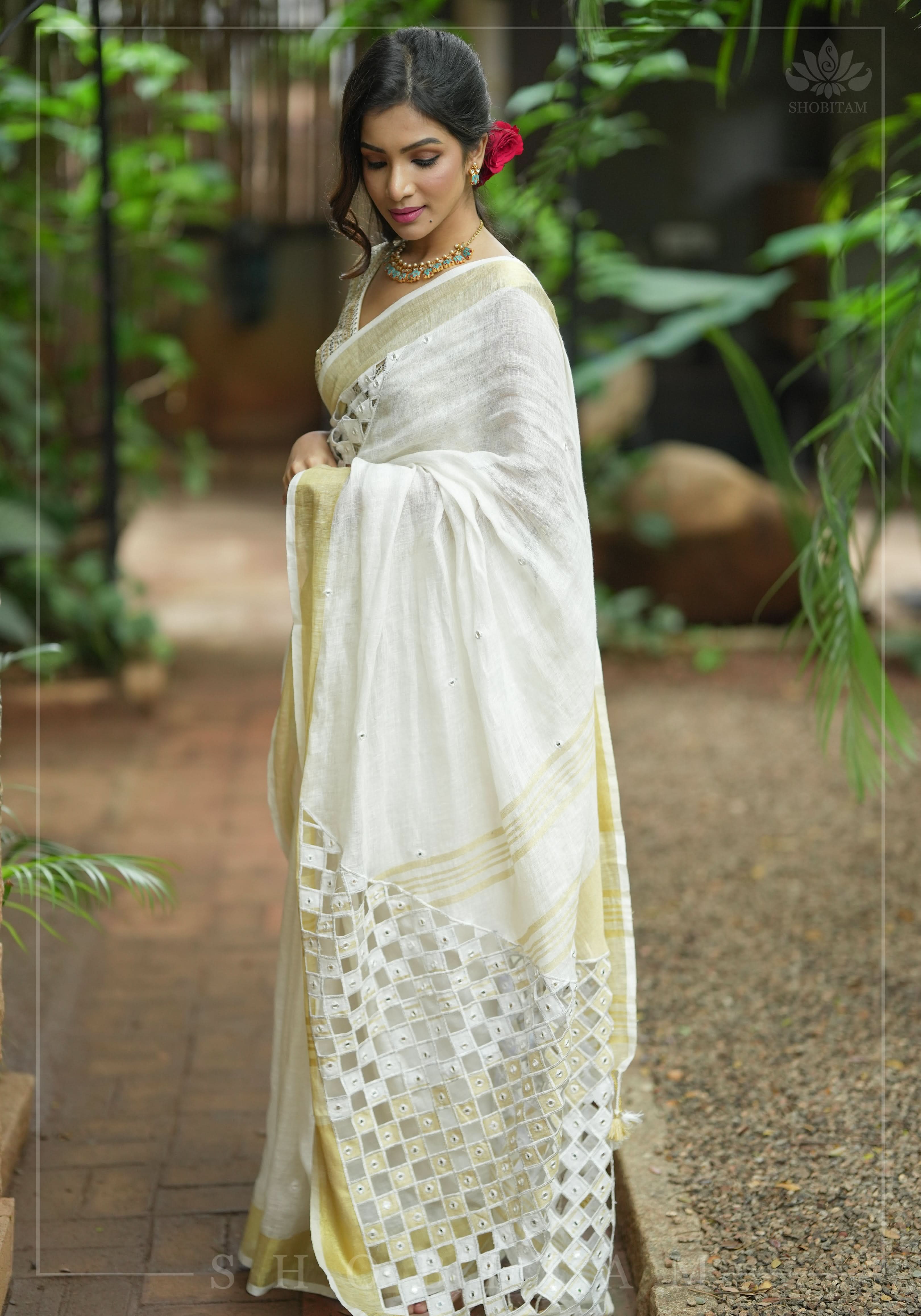 Cutwork and Mirror Work Linen by Line Saree in Chalk White | Shobitam