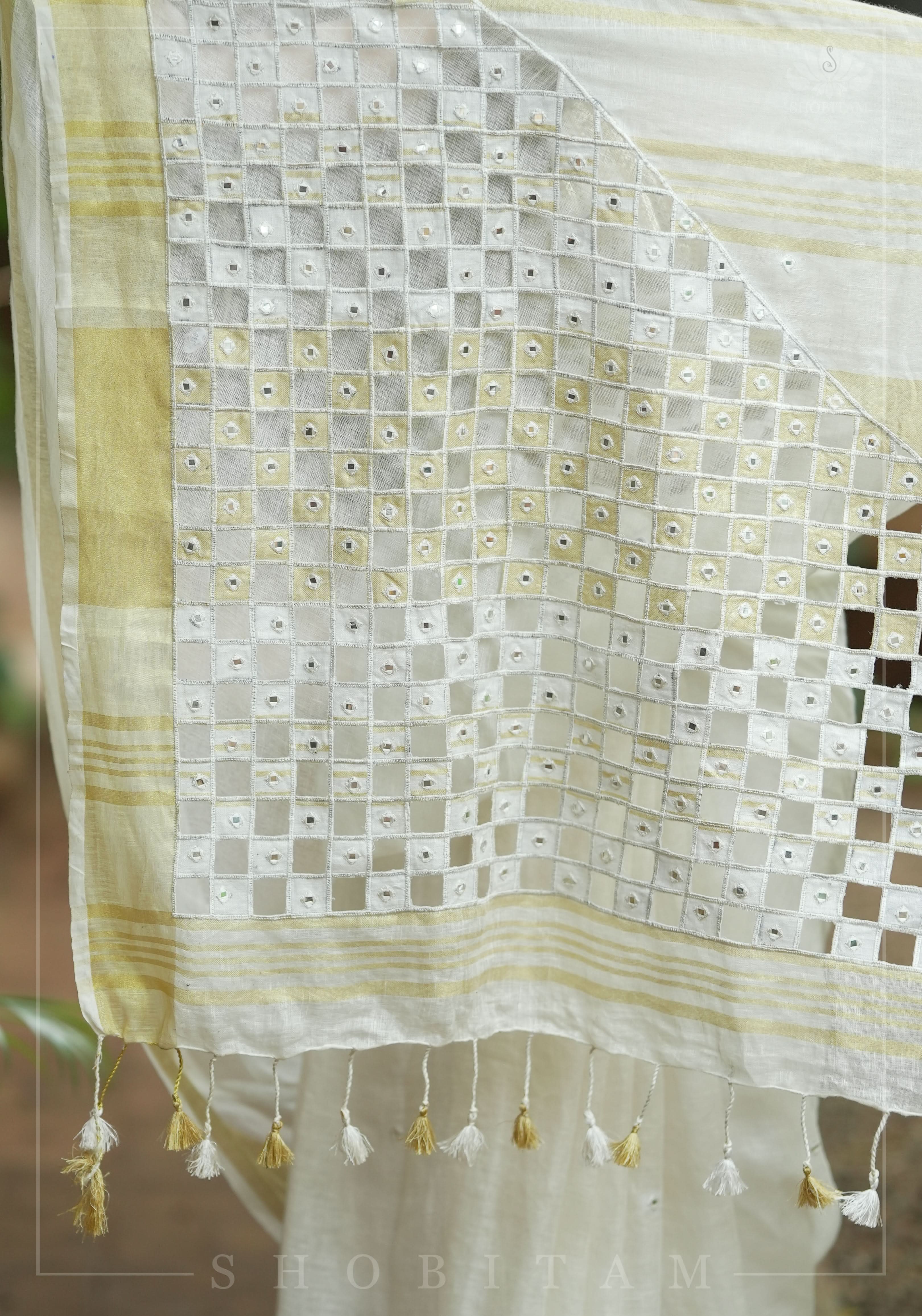 Cutwork and Mirror Work Linen by Line Saree in Chalk White | Shobitam