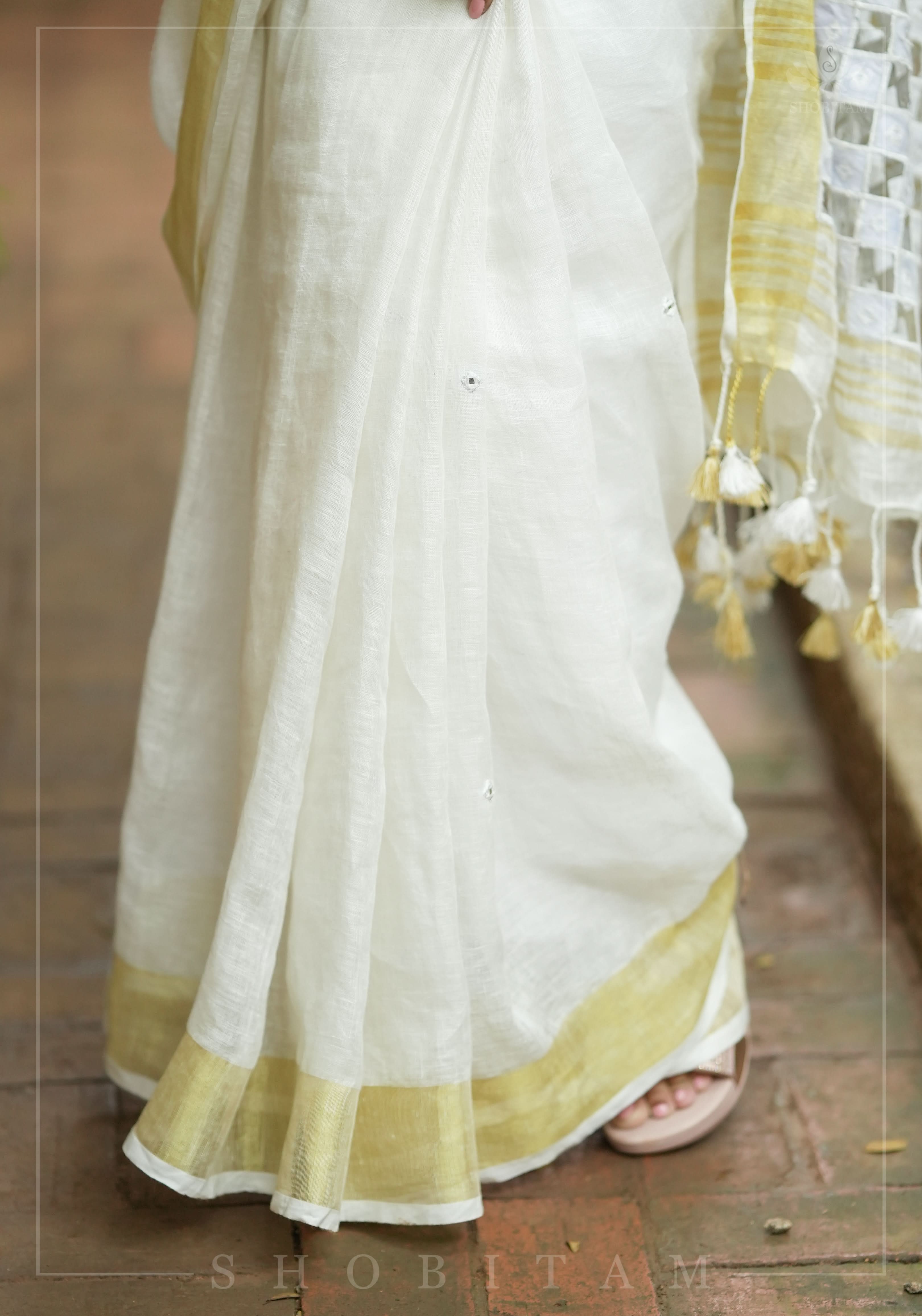 Cutwork and Mirror Work Linen by Line Saree in Chalk White | Shobitam