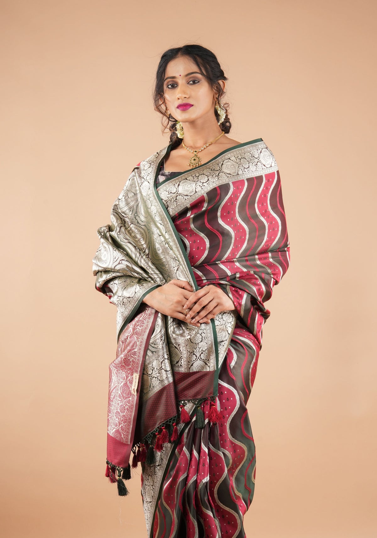 Maroon tone Exquisite Meenakari Vertical Wavy curve zari lines Semi Silk Saree and zari border | SHOBITAM