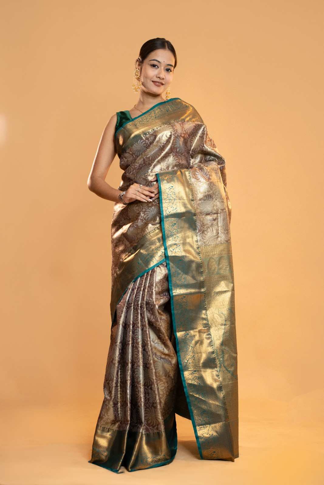 Royal Zari Woven Banarasi Brocade Saree with Contrast Teal Border Ready To Wear Saree