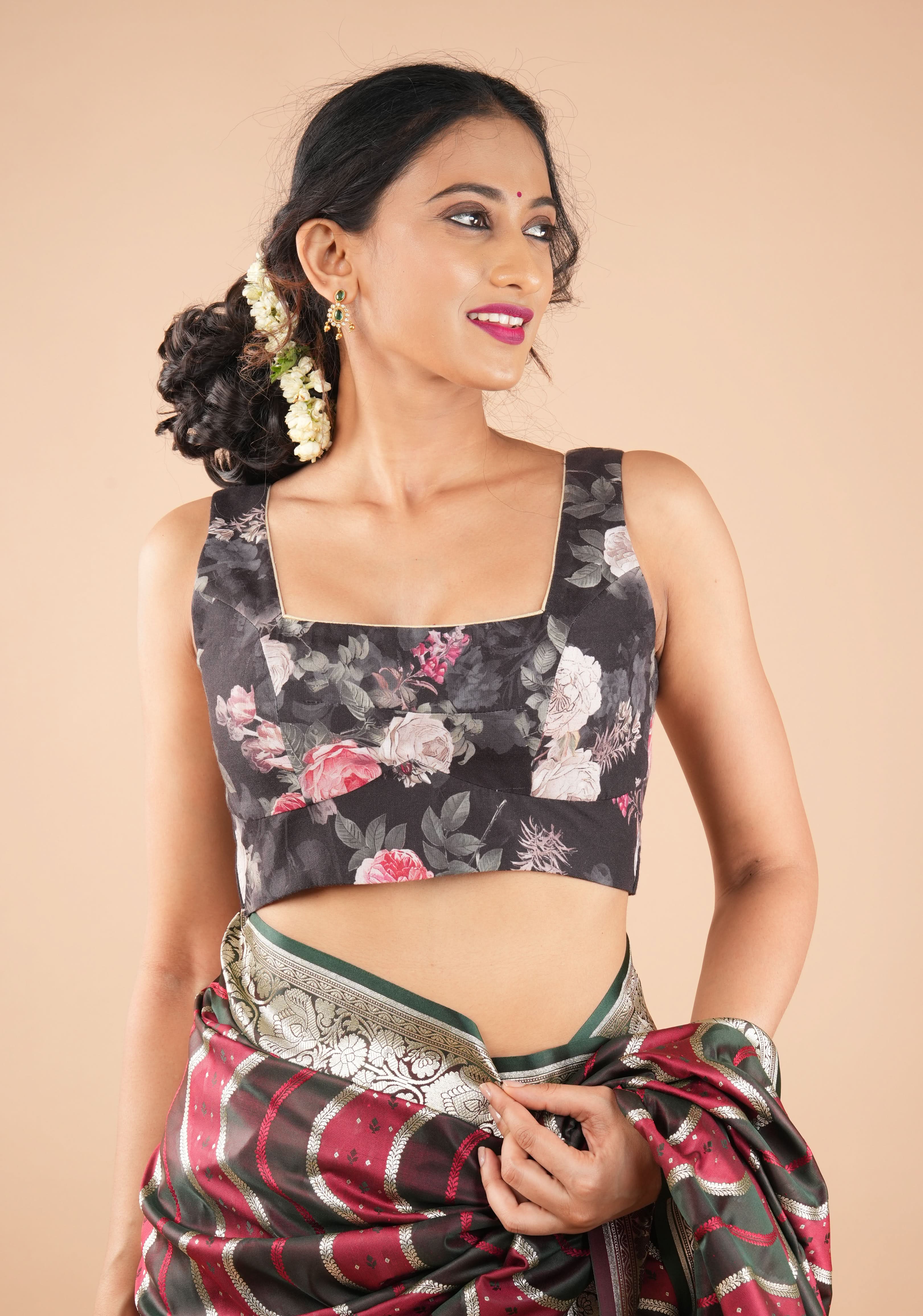 Black Digital Print Cotton Blouse with Square Neck Front and sleeveless | Shobitam