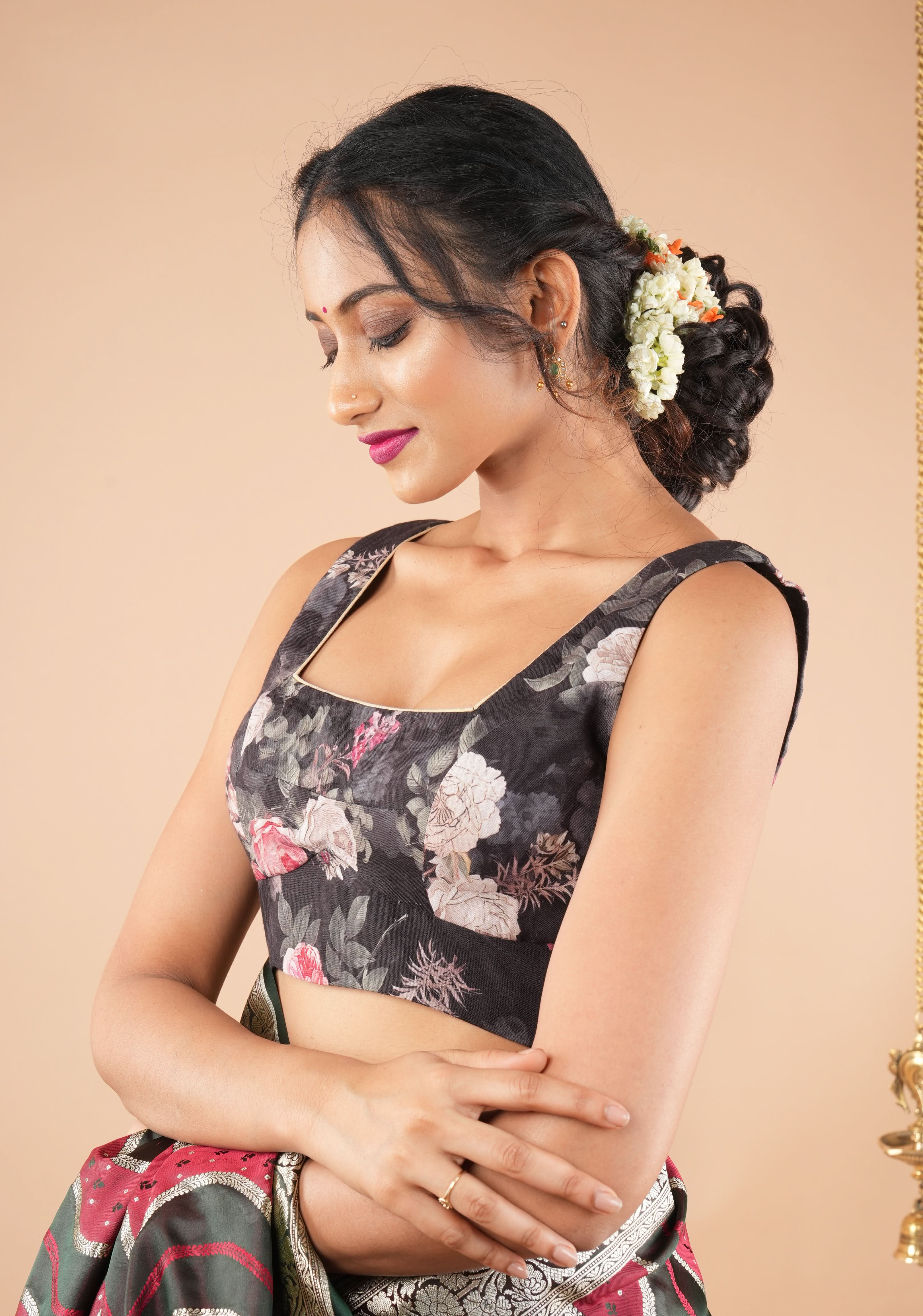 Black Digital Print Cotton Blouse with Square Neck Front and sleeveless | Shobitam