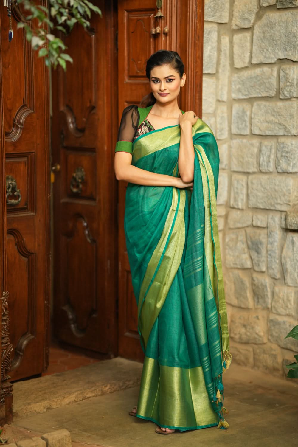 Rama Green Linen Saree with Wide Border | Shobitam Saree