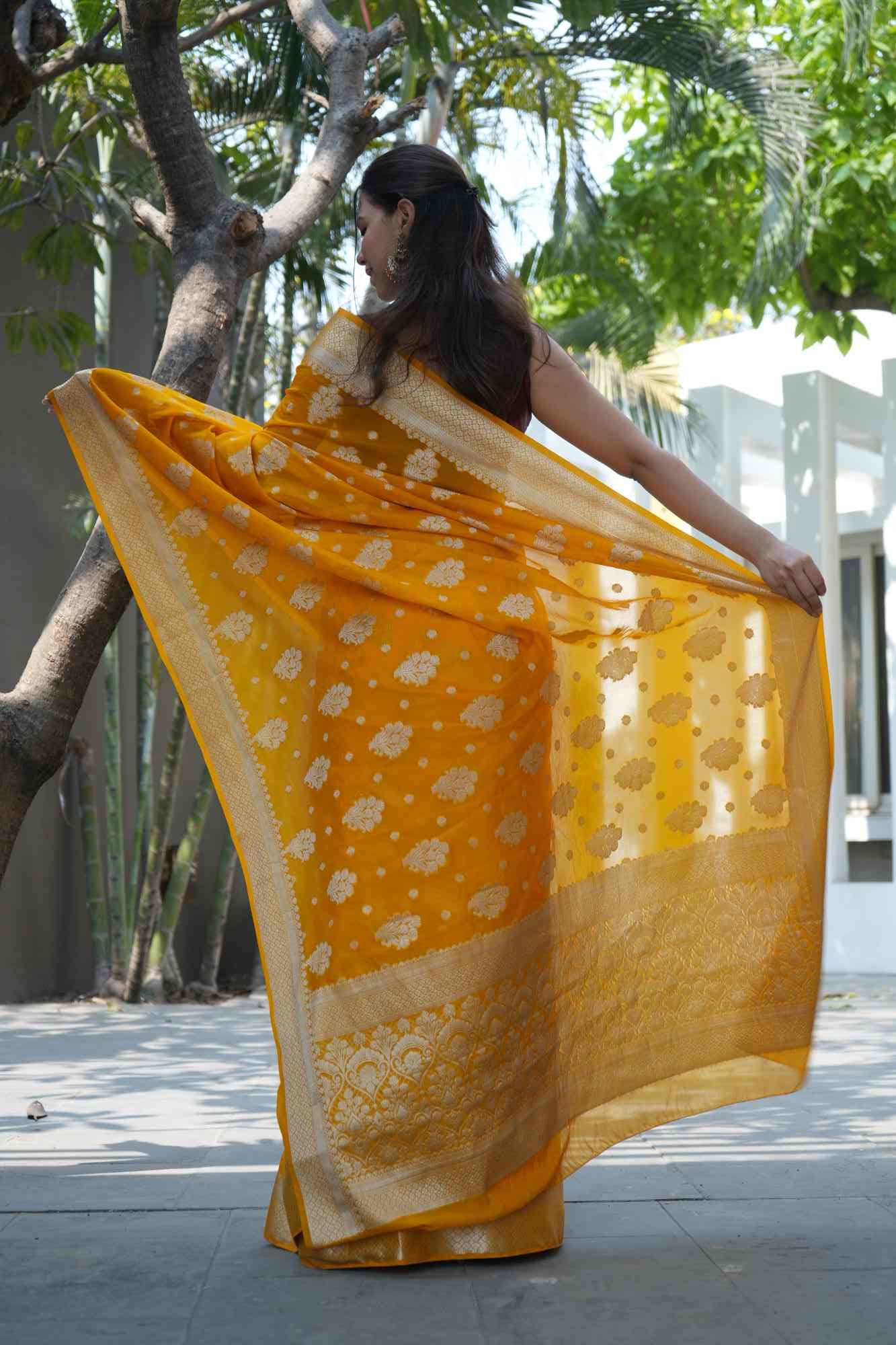 Exquisite Musturd Yellow Semi Katan Silk Saree with Intricate All-Over Butas and Ornate Palla, Adorned with Luxurious Tassels – A Ready-to-Wear Saree