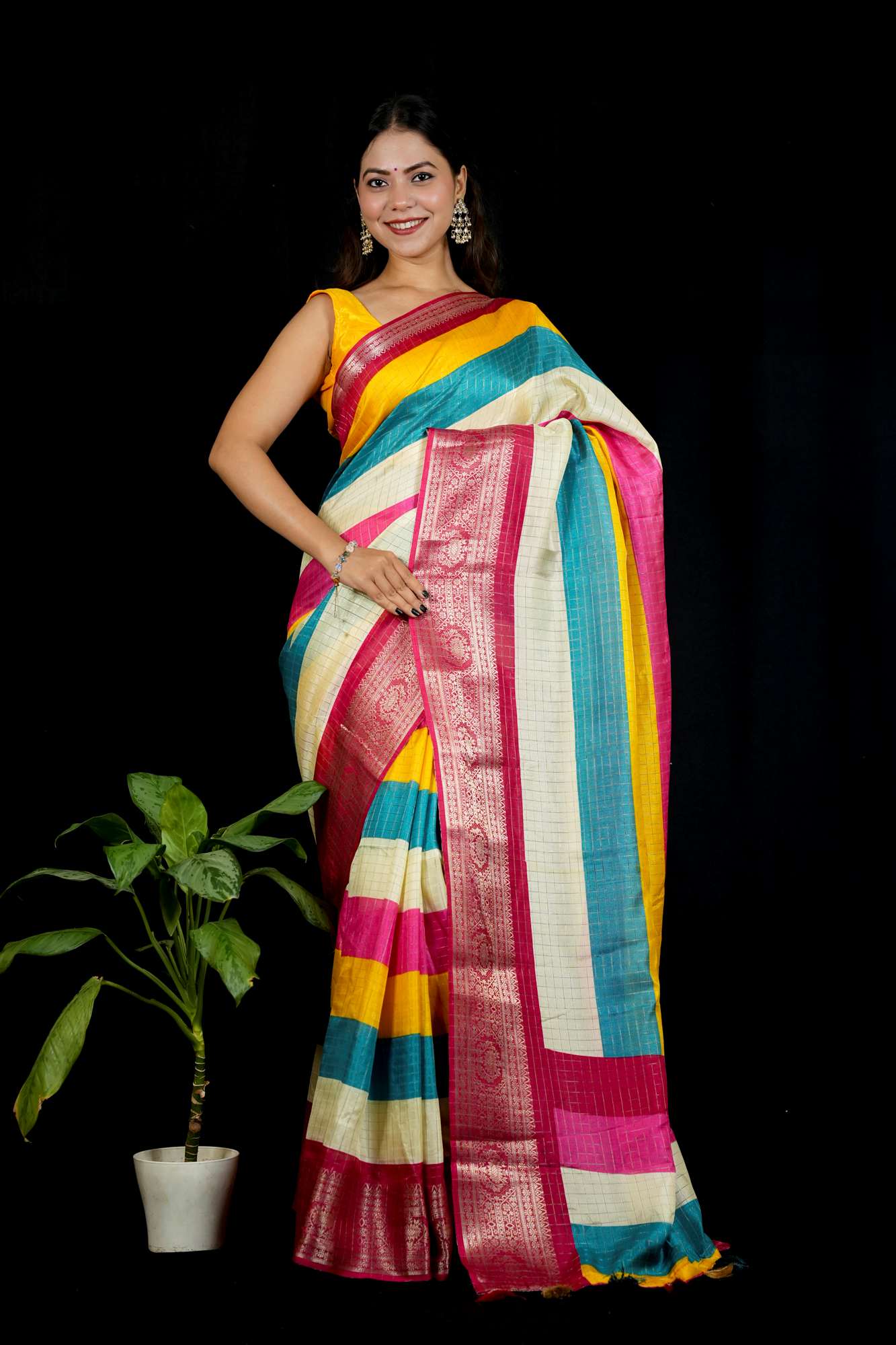 Cotton Crepe Vibrant Multicolor with Intricate Border Work Ready To Wear Saree
