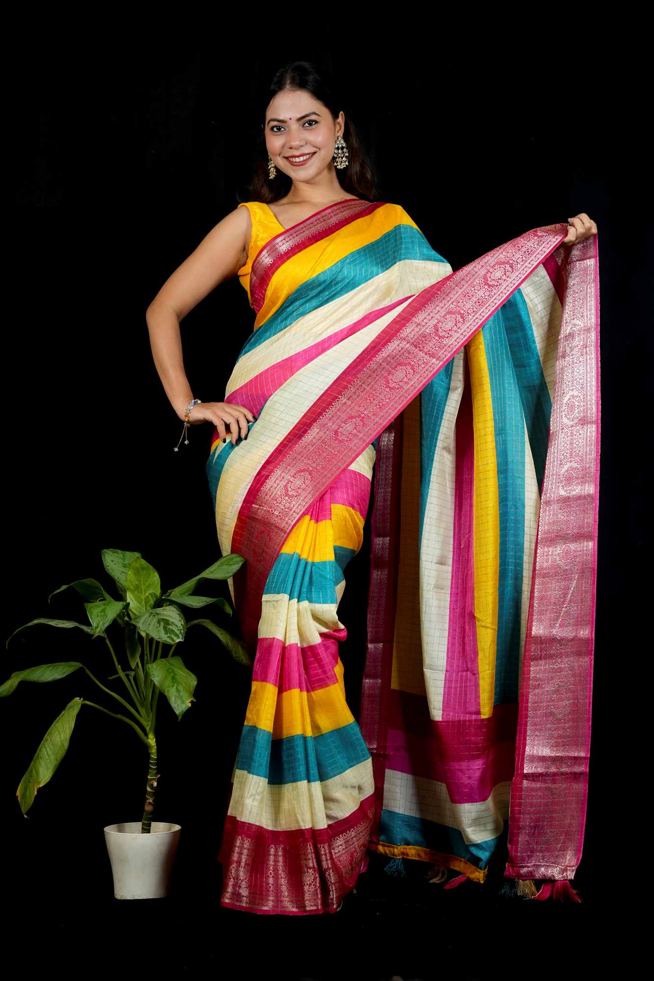 Cotton Crepe Vibrant Multicolor with Intricate Border Work Ready To Wear Saree