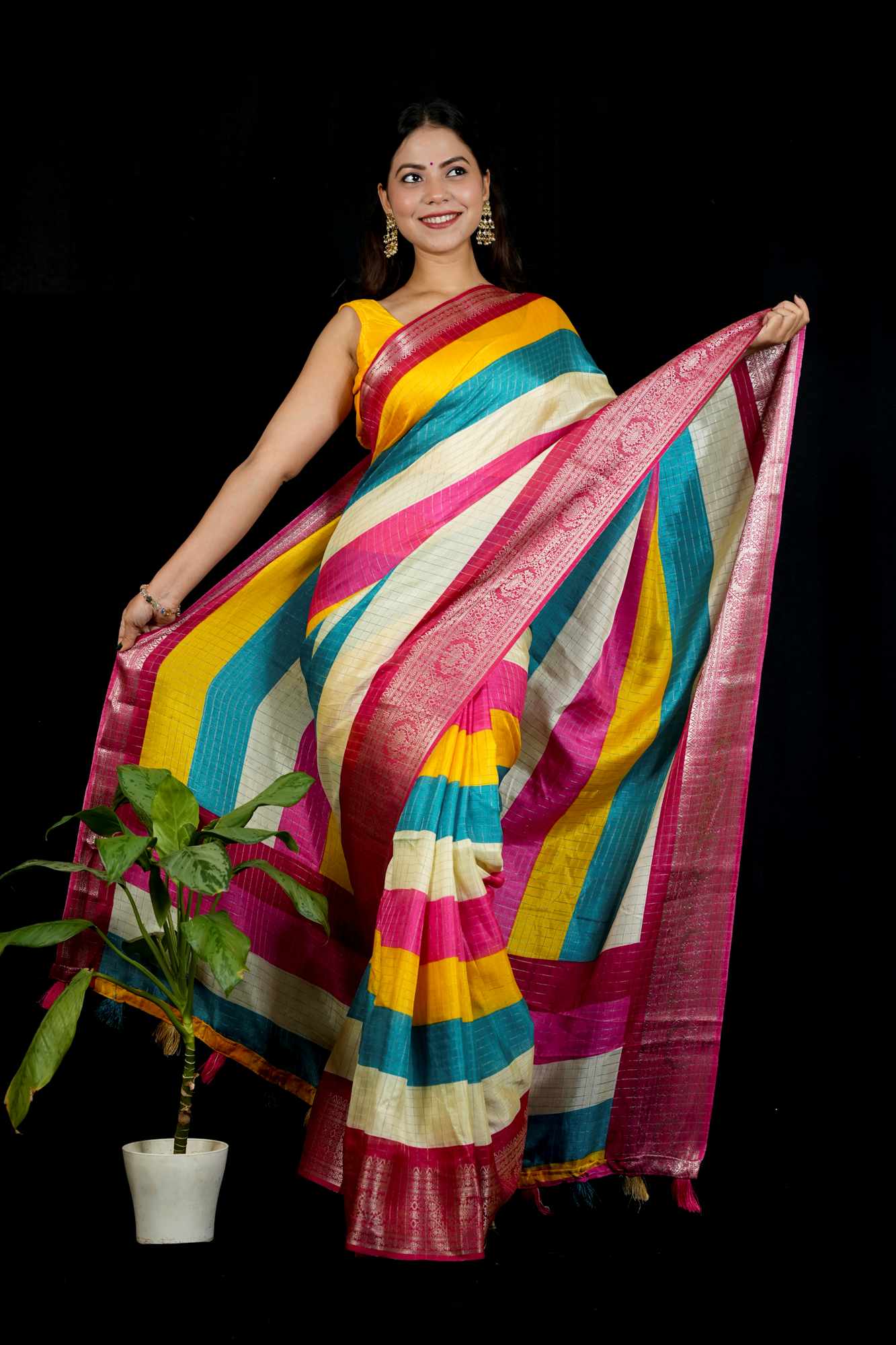 Cotton Crepe Vibrant Multicolor with Intricate Border Work Ready To Wear Saree