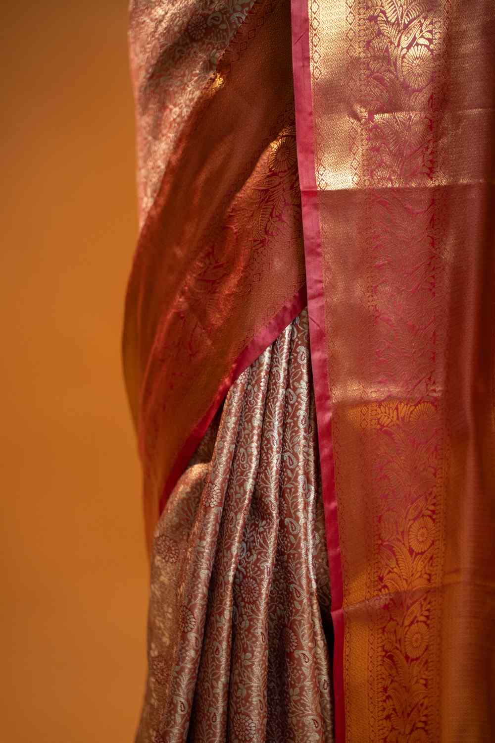 Copper Gold Banarasi Brocade with Rich Maroon Border Ready To Wear Saree
