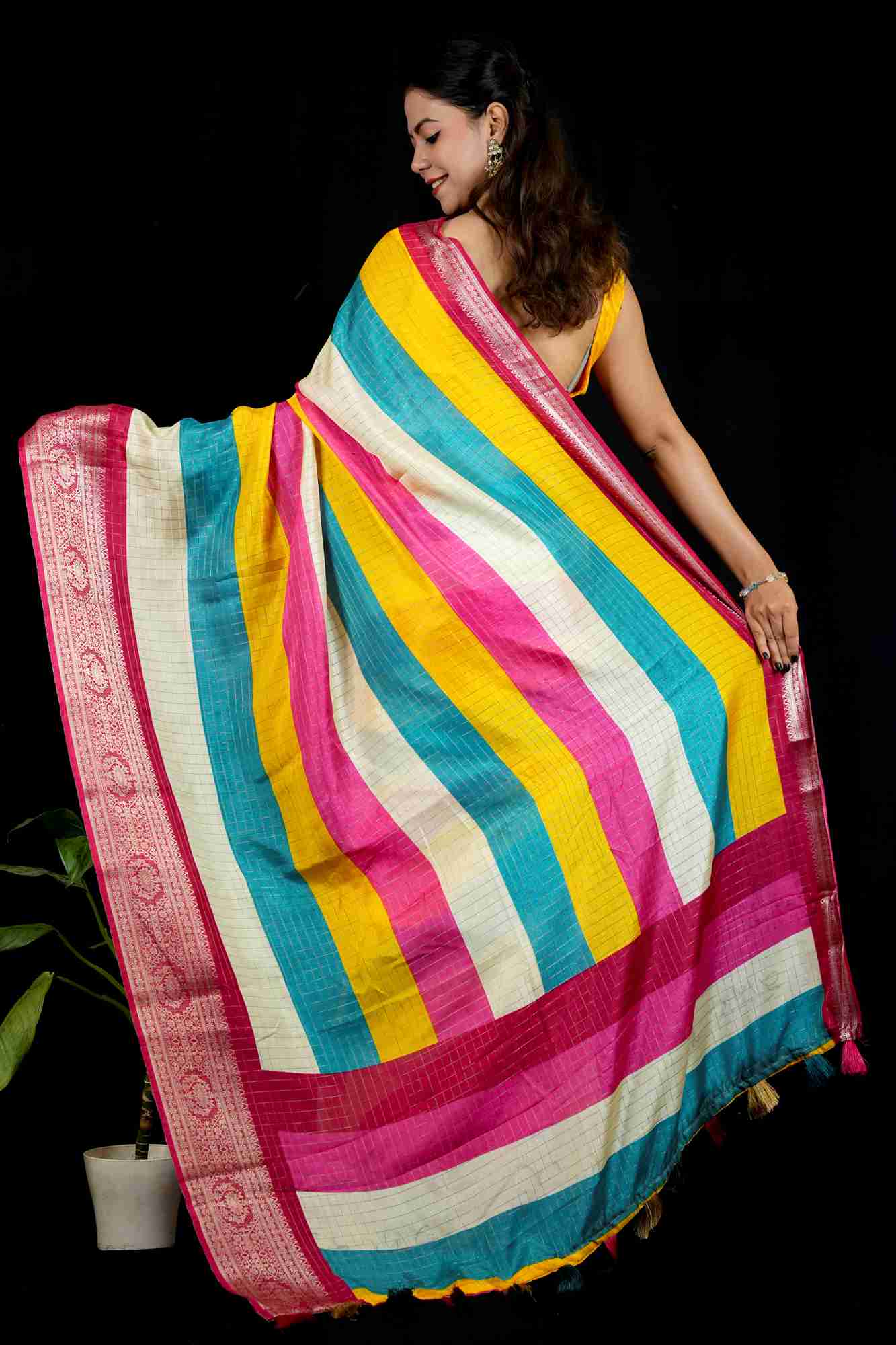 Cotton Crepe Vibrant Multicolor with Intricate Border Work Ready To Wear Saree