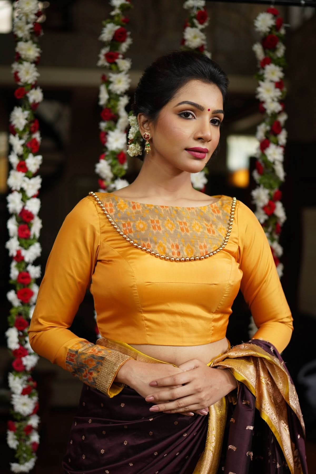 Mustard silk boatneck blouse with pure rawsilk ikkat yoke, made to order | Shobitam