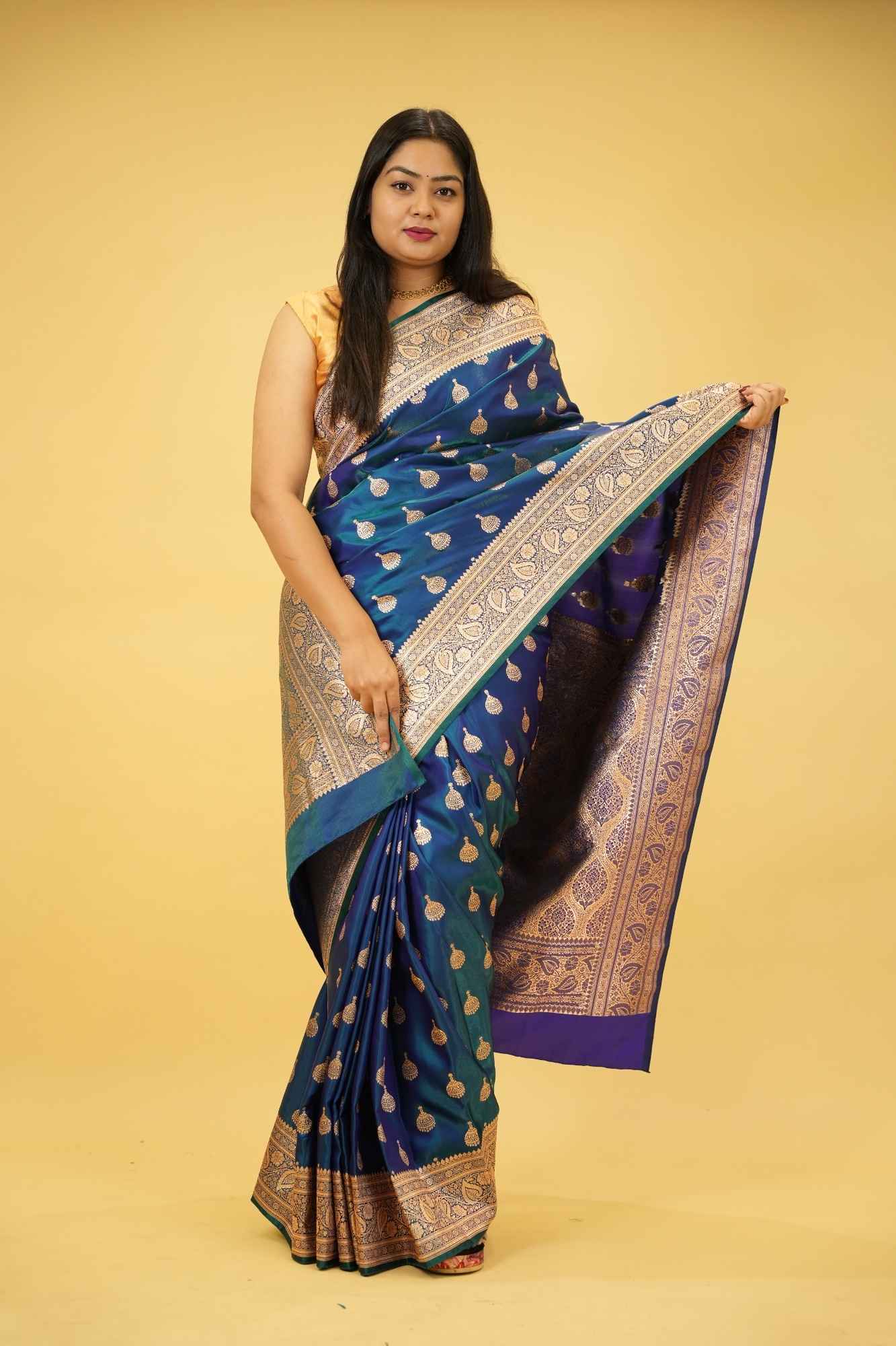 Pure Mashru Katan Silk with Zari Jhumka Butta and Intricate Brocade Pallu Ready To Wear Saree