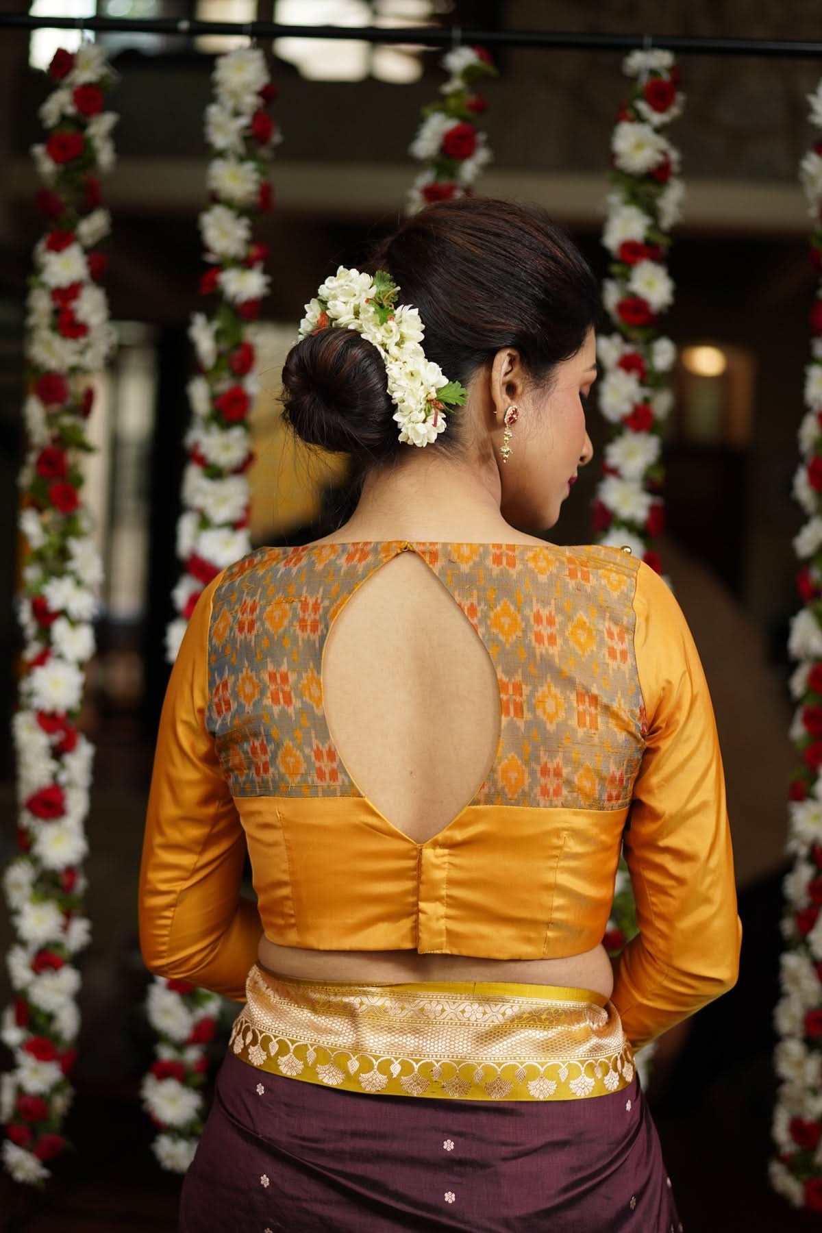 Mustard silk boatneck blouse with pure rawsilk ikkat yoke, made to order | Shobitam