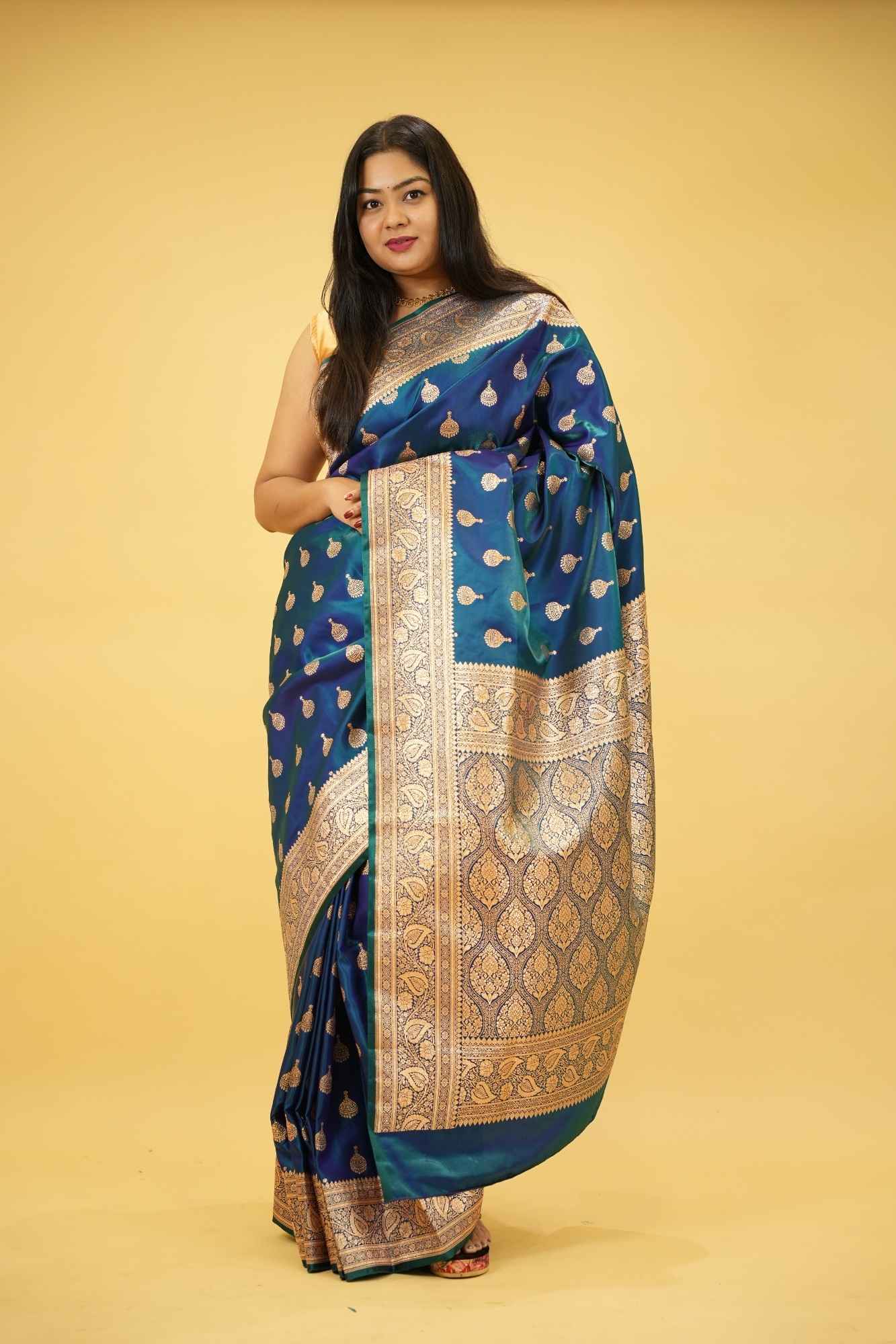 Pure Mashru Katan Silk with Zari Jhumka Butta and Intricate Brocade Pallu Ready To Wear Saree