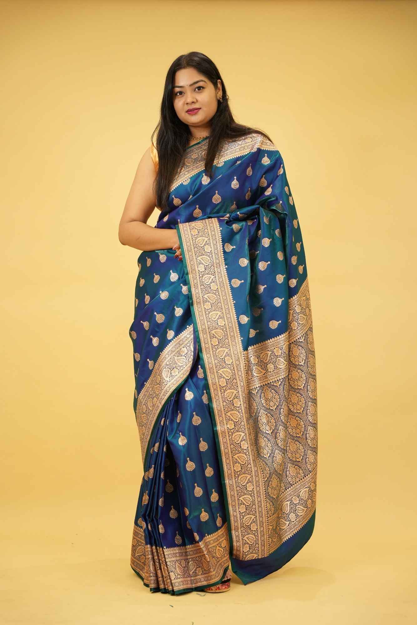 Pure Mashru Katan Silk with Zari Jhumka Butta and Intricate Brocade Pallu Ready To Wear Saree