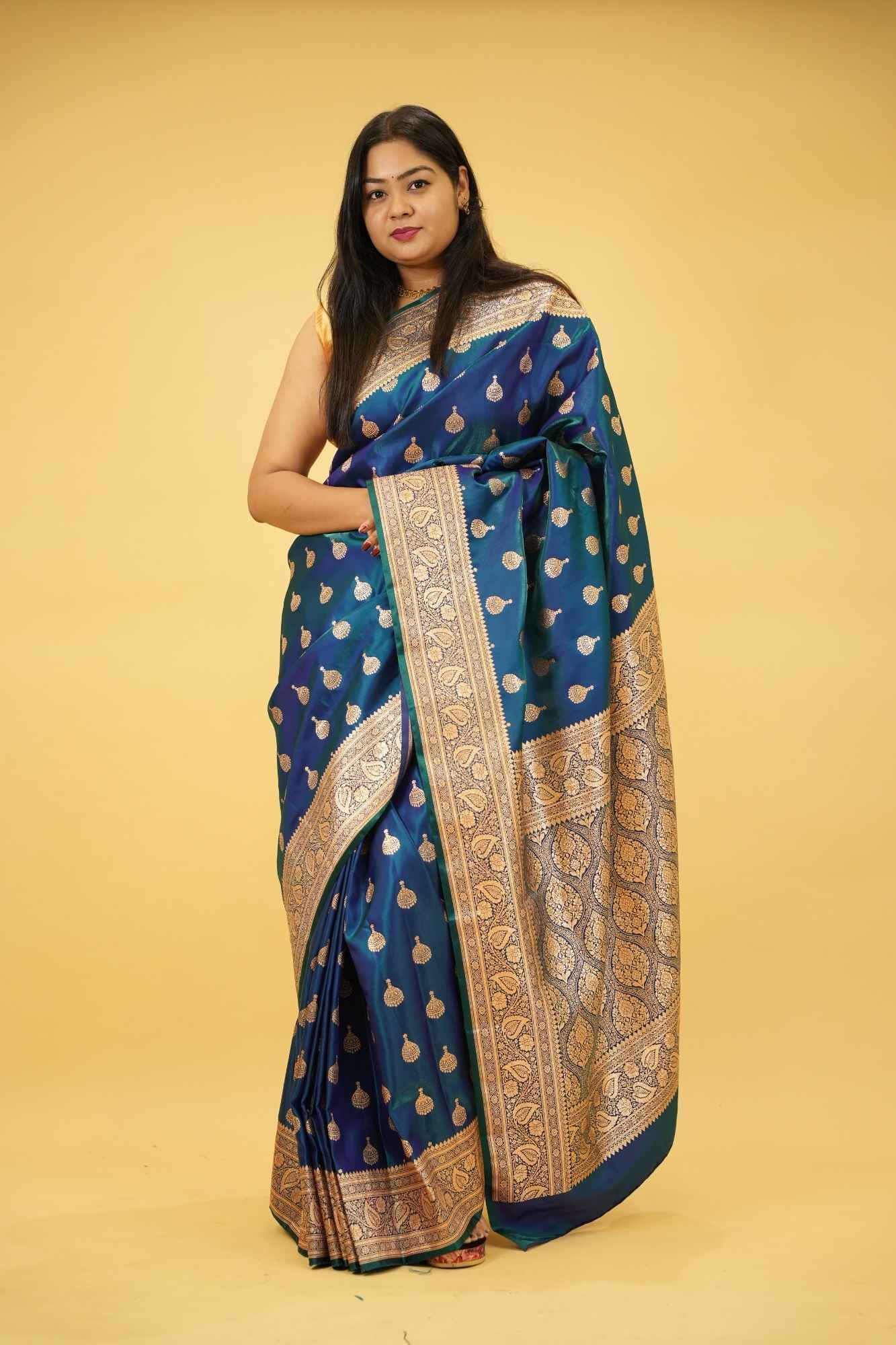 Pure Mashru Katan Silk with Zari Jhumka Butta and Intricate Brocade Pallu Ready To Wear Saree