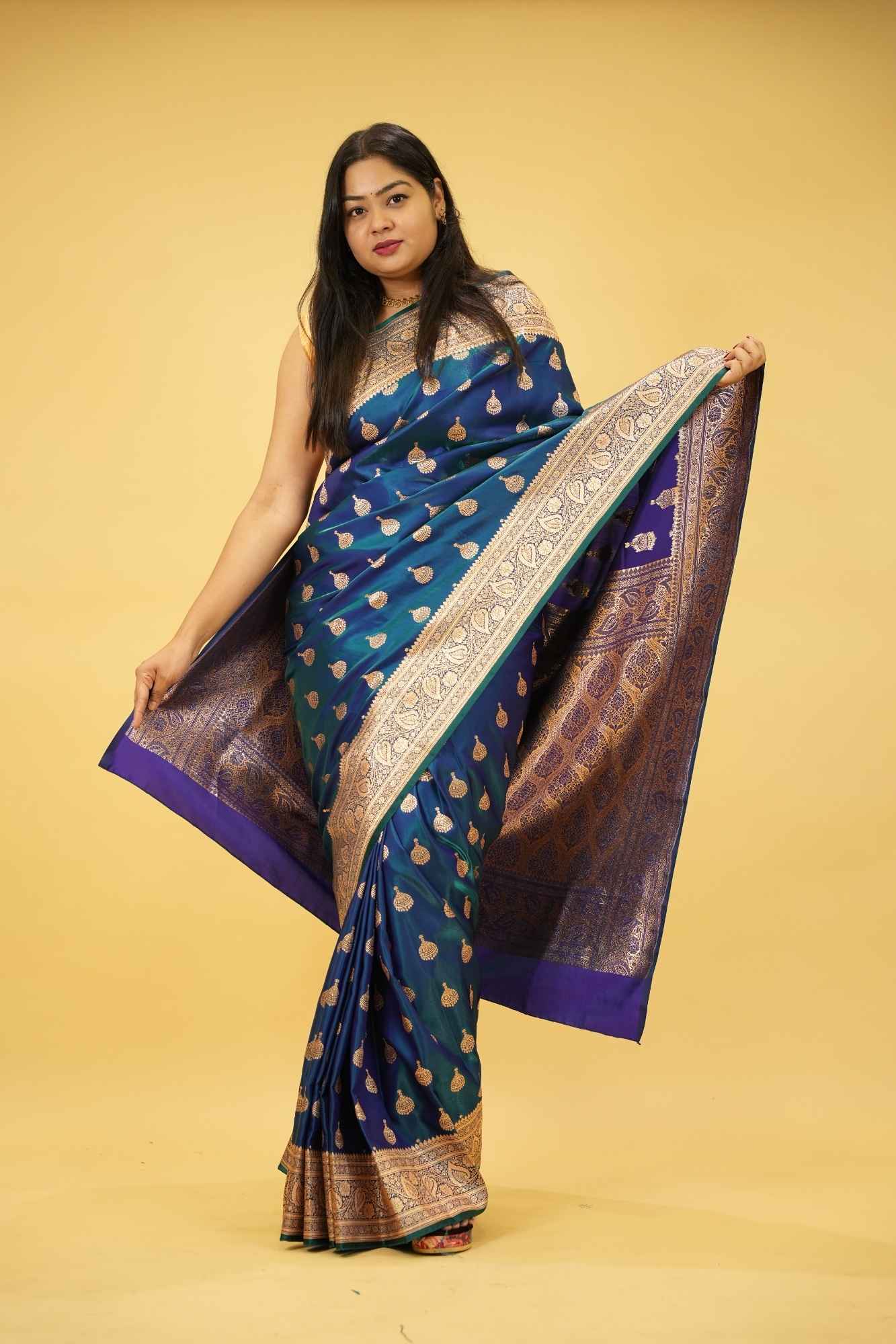 Pure Mashru Katan Silk with Zari Jhumka Butta and Intricate Brocade Pallu Ready To Wear Saree