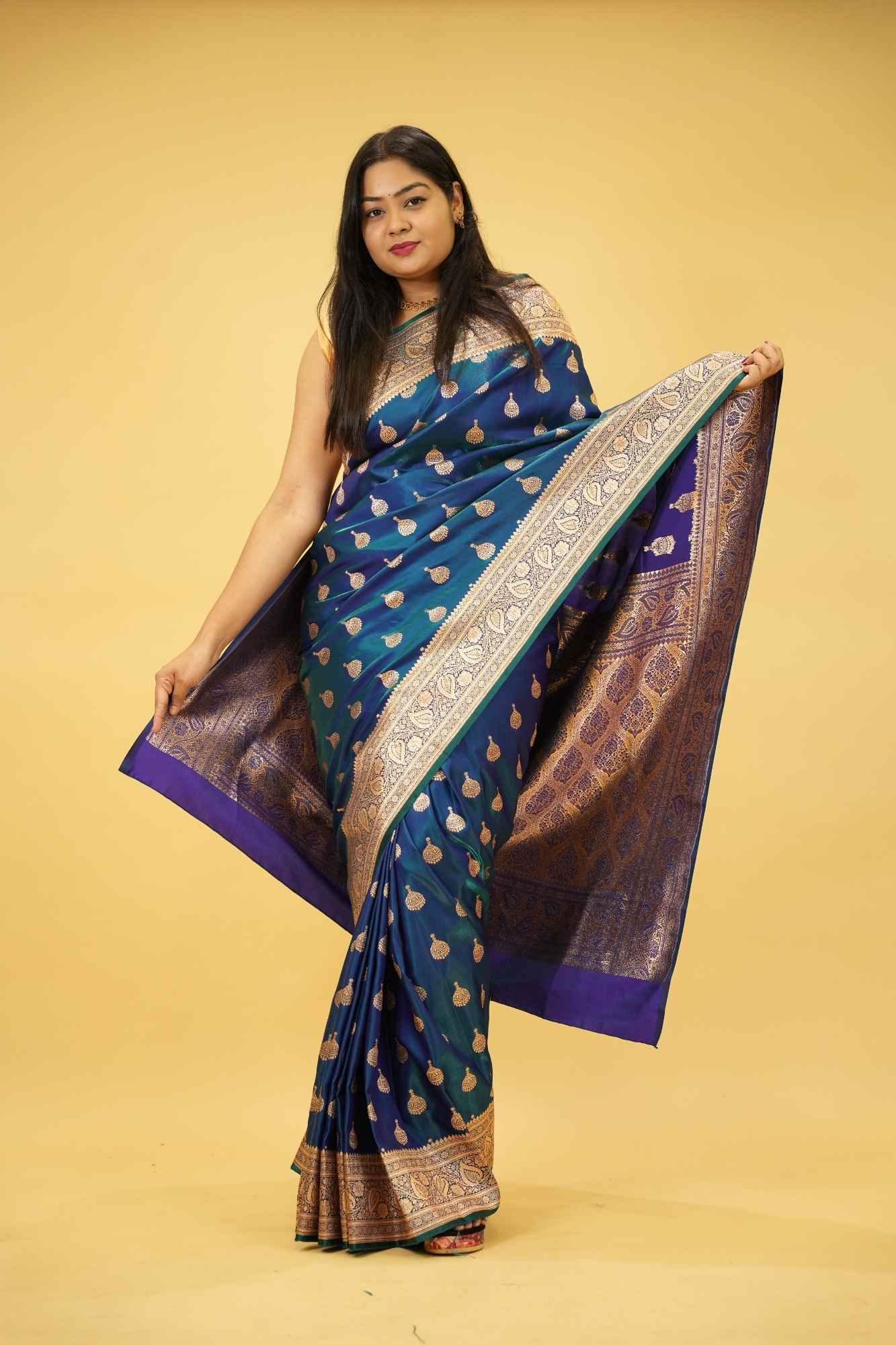 Pure Mashru Katan Silk with Zari Jhumka Butta and Intricate Brocade Pallu Ready To Wear Saree